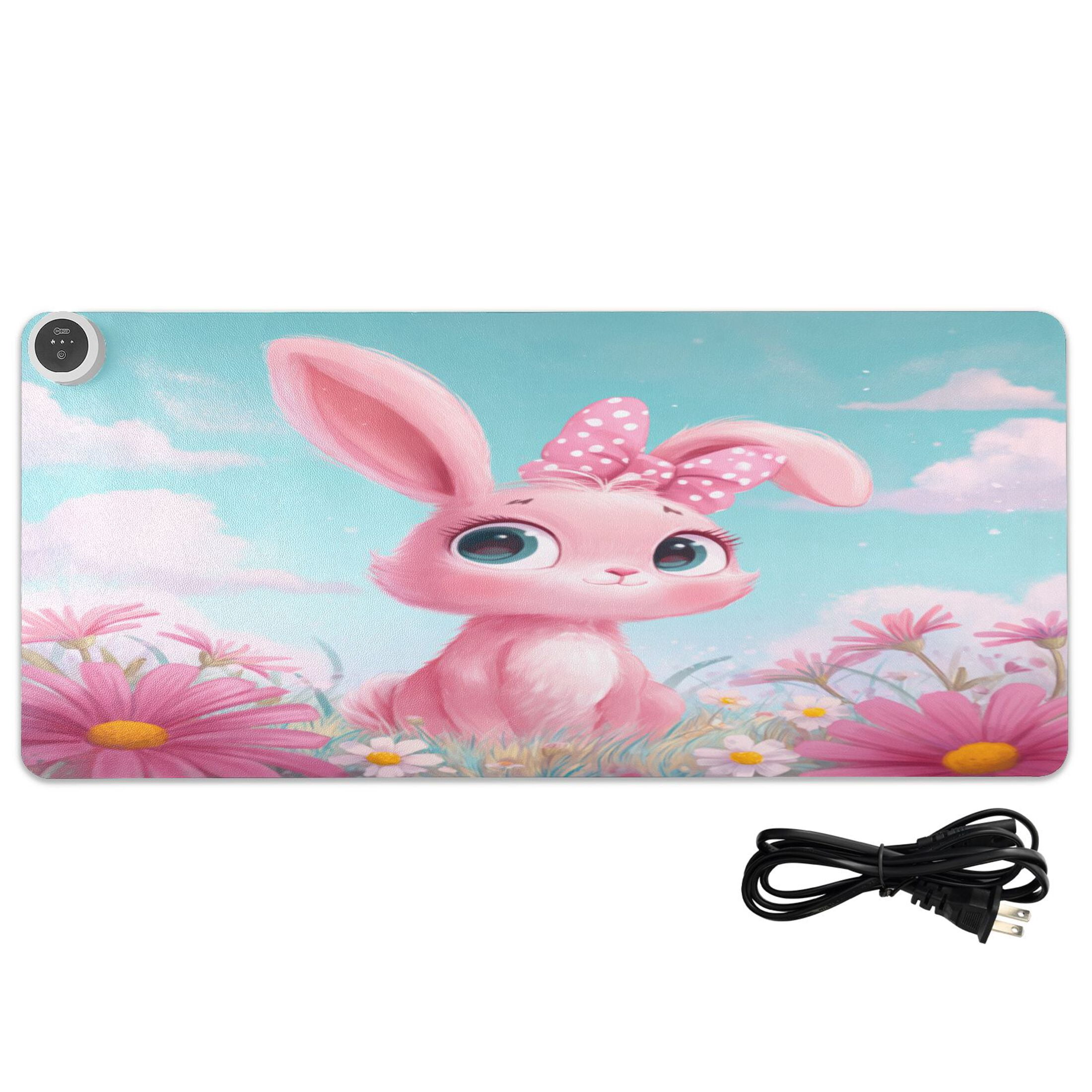Large Heated Desk Mat Mouse Pad 31.5"x13"PU Leather Graphene Heating Desk Warmer with 3 Temperature Settings 110V US Plug Non-Slip Warm Pad for Home, Office, and Gaming Soft Pink Bunny Illustration
