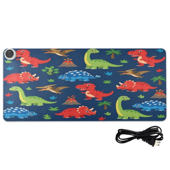 Large Heated Desk Mat Mouse Pad 31.5"x13"PU Leather Graphene Heating Desk Warmer with 3 Temperature Settings 110V US Plug Non-Slip Warm Pad for Home, Office, and Gaming Cute Dinosaur Volcano Pattern