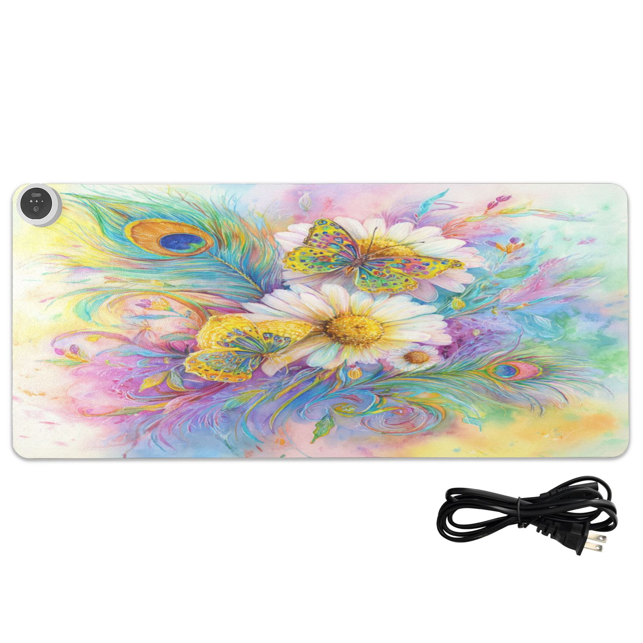 Large Heated Desk Mat Mouse Pad 31.5"x13"PU Leather Graphene Heating Desk Warmer with 3 Temperature Settings 110V US Plug Non-Slip Warm Pad for Home, Office, and Gaming Peacock Feathers Art Pattern
