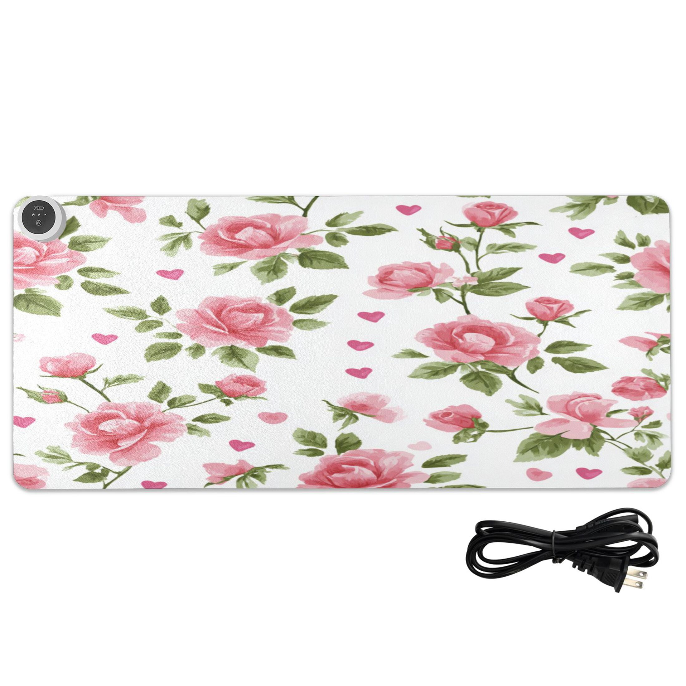 Large Heated Desk Mat Mouse Pad 31.5"x13"PU Leather Graphene Heating Desk Warmer with 3 Temperature Settings 110V US Plug Non-Slip Warm Pad for Home, Office, and Gaming Floral Rose Seamless Print