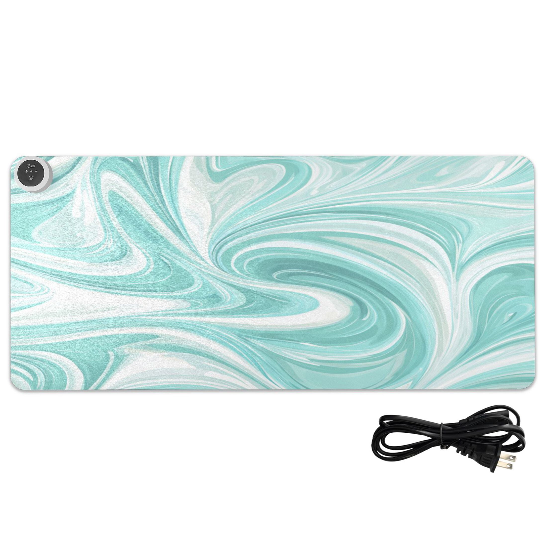 Large Heated Desk Mat Mouse Pad 31.5"x13"PU Leather Graphene Heating Desk Warmer with 3 Temperature Settings 110V US Plug Non-Slip Warm Pad for Home, Office, and Gaming Light Green Flowing Swirls