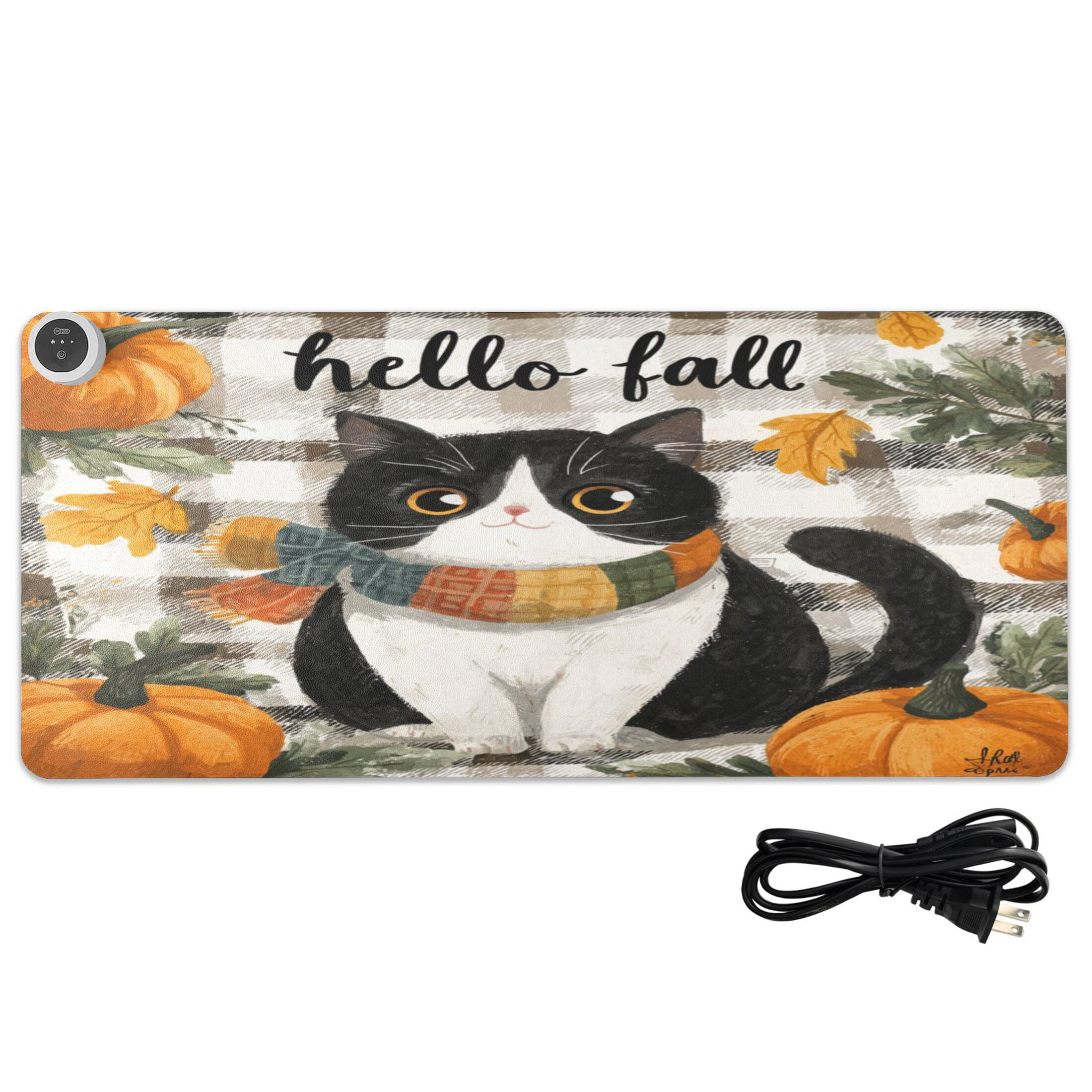 Large Heated Desk Mat Mouse Pad 31.5"x13"PU Leather Graphene Heating Desk Warmer with 3 Temperature Settings 110V US Plug Non-Slip Warm Pad for Home, Office, and Gaming Falling Leaves and Cute Cat