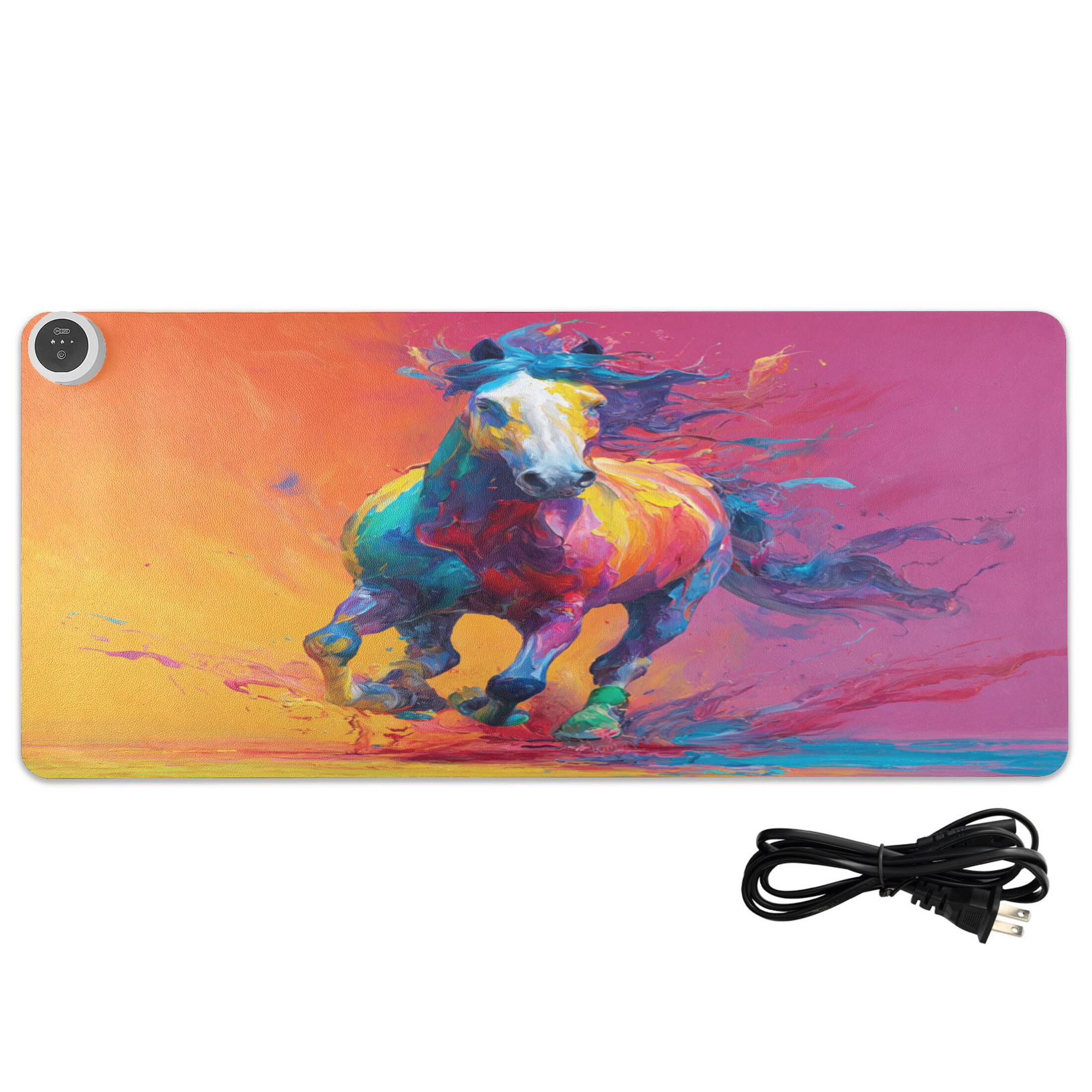 Large Heated Desk Mat Mouse Pad 31.5"x13"PU Leather Graphene Heating Desk Warmer with 3 Temperature Settings 110V US Plug Non-Slip Warm Pad for Home, Office, and Gaming Dynamic Paint Drip Horse