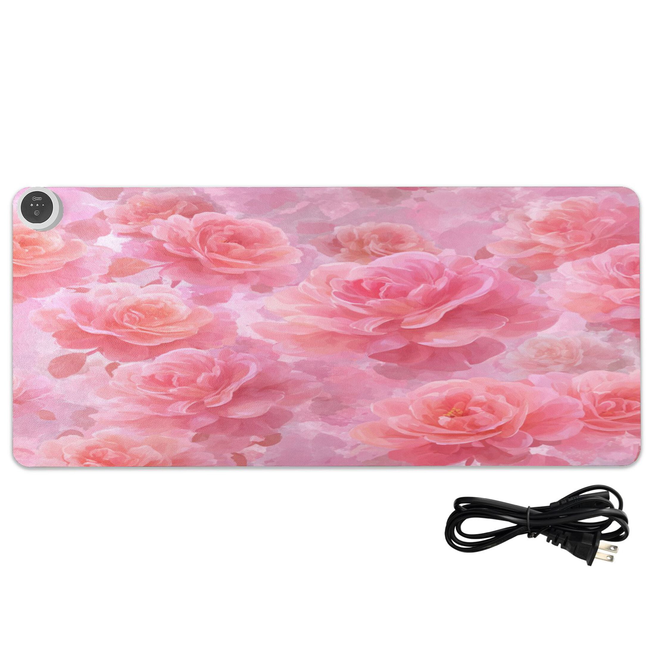 Large Heated Desk Mat Mouse Pad 31.5"x13"PU Leather Graphene Heating Desk Warmer with 3 Temperature Settings 110V US Plug Non-Slip Warm Pad for Home, Office, and Gaming Pale Pink Roses Pattern