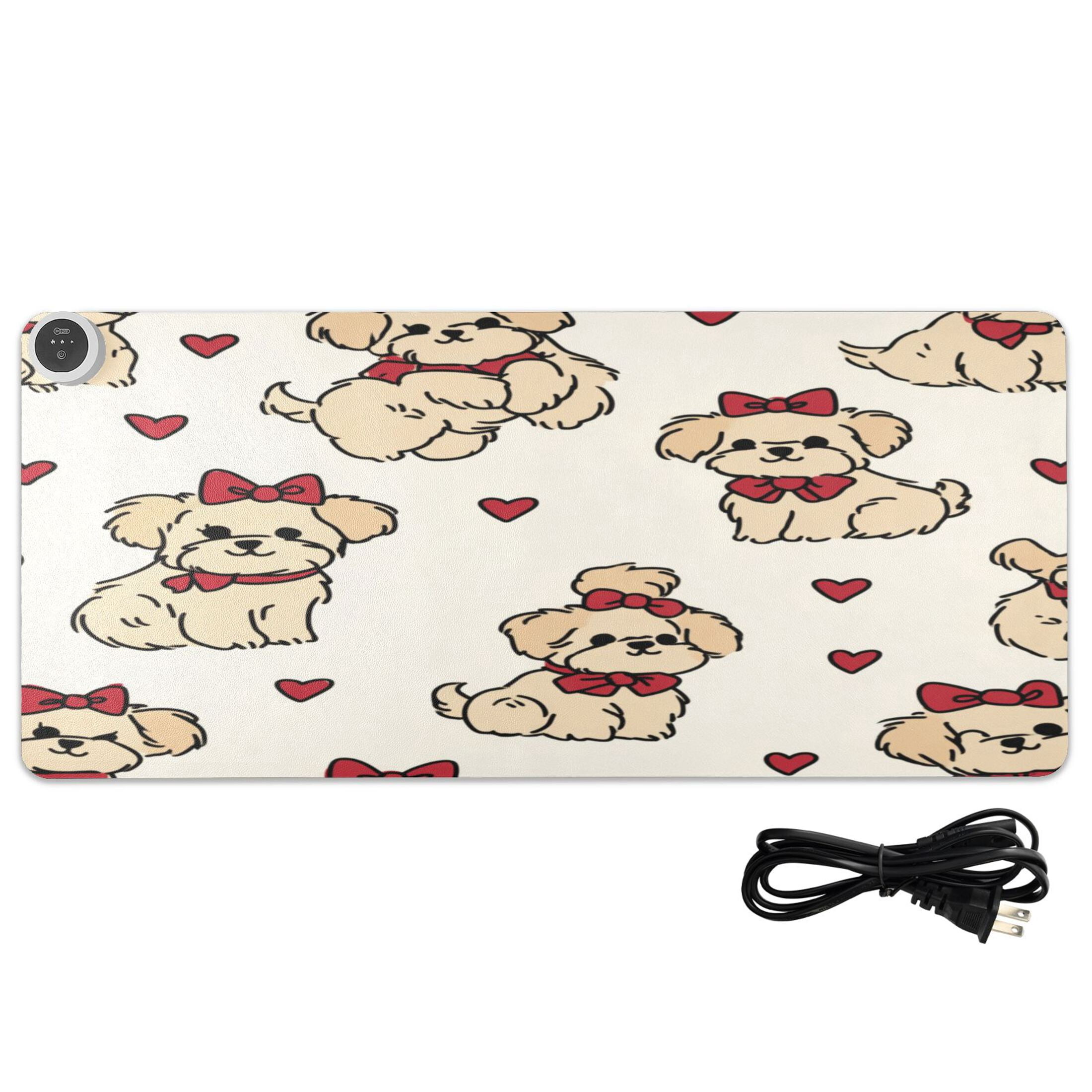 Large Heated Desk Mat Mouse Pad 31.5"x13"PU Leather Graphene Heating Desk Warmer with 3 Temperature Settings 110V US Plug Non-Slip Warm Pad for Home, Office, and Gaming Whimsical Puppy Bow Pattern