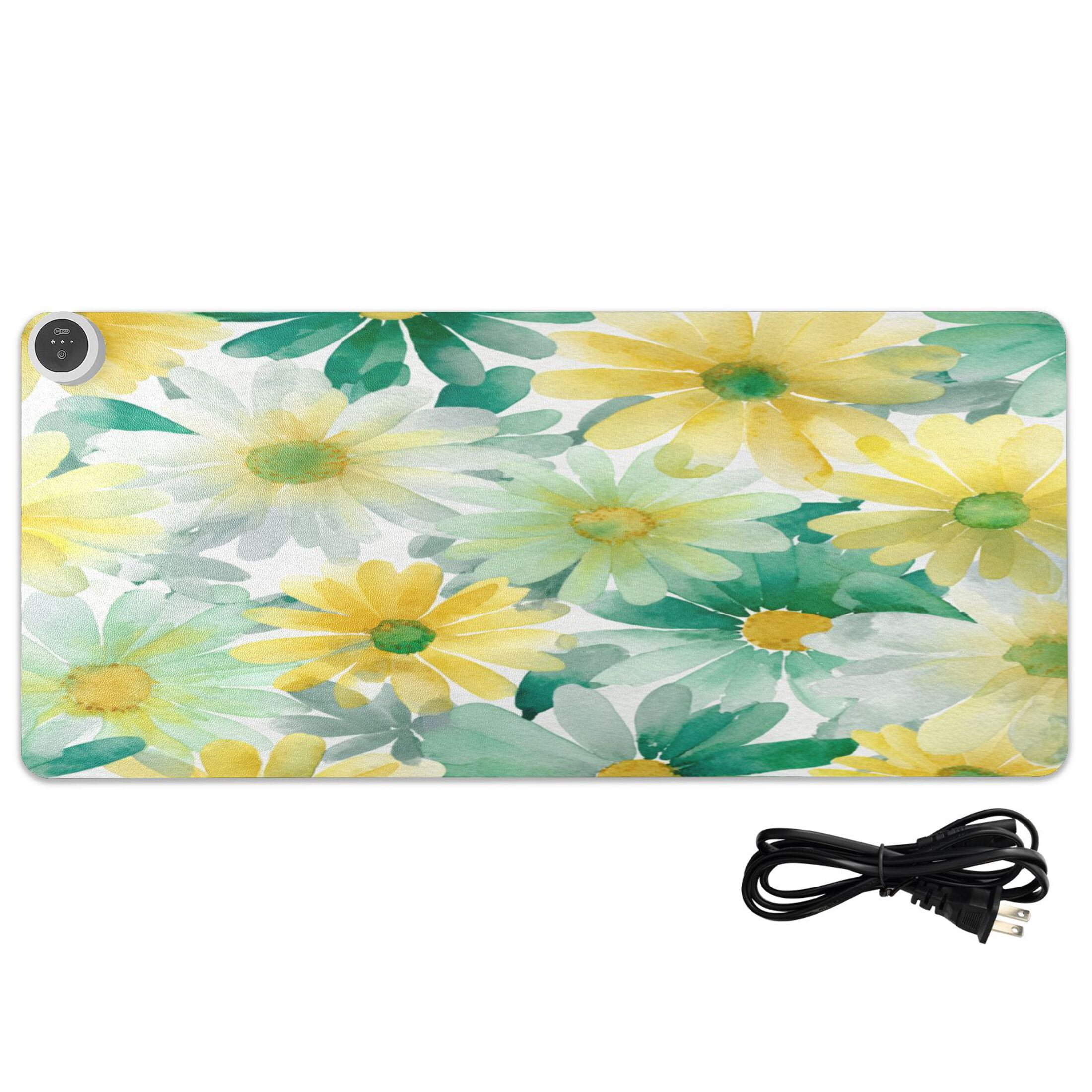 Large Heated Desk Mat Mouse Pad 31.5"x13"PU Leather Graphene Heating Desk Warmer with 3 Temperature Settings 110V US Plug Non-Slip Warm Pad for Home, Office, and Gaming Teal Yellow Daisy Print