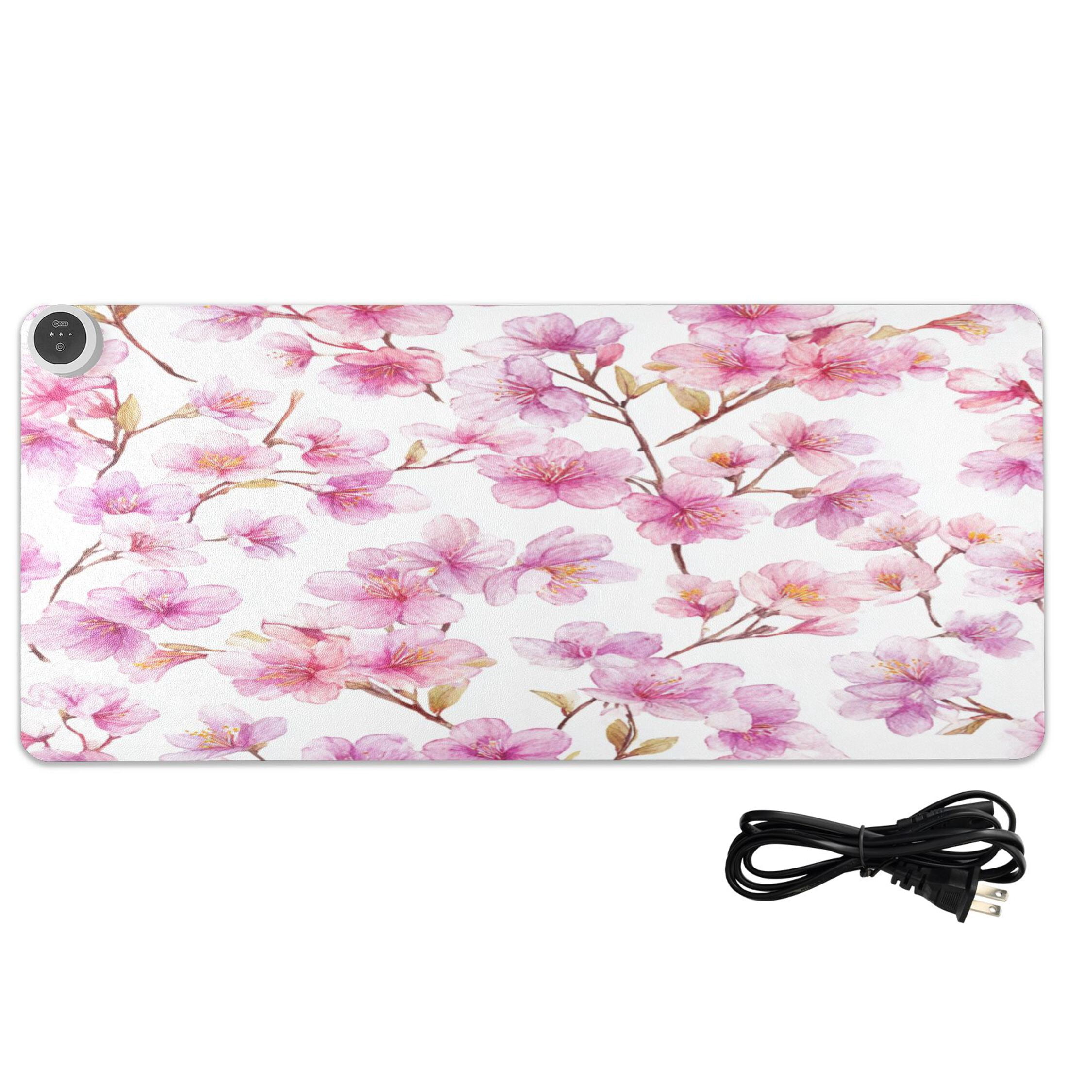 Large Heated Desk Mat Mouse Pad 31.5"x13"PU Leather Graphene Heating Desk Warmer with 3 Temperature Settings 110V US Plug Non-Slip Warm Pad for Home, Office, and Gaming Spring Cherry Blossom Glow
