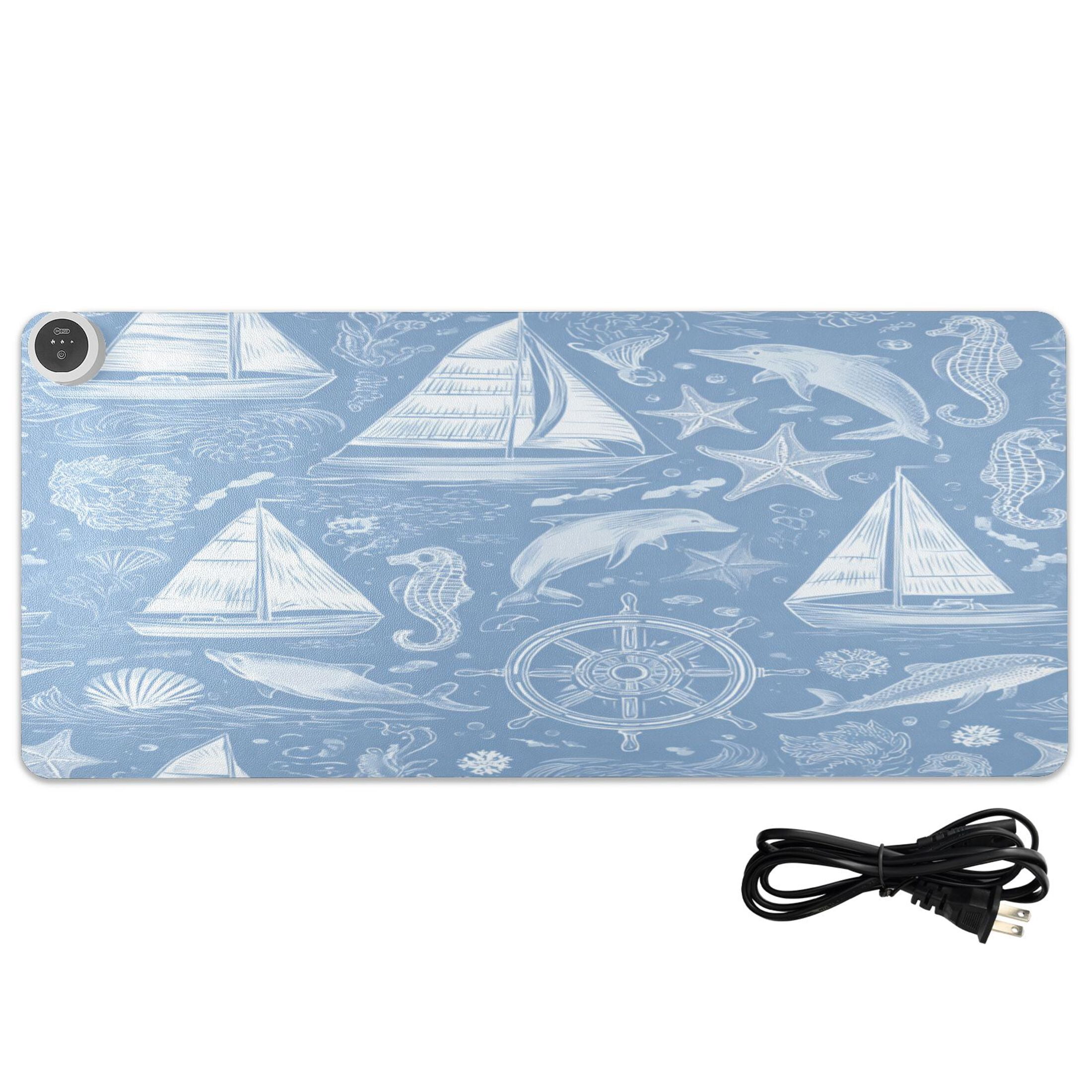 Large Heated Desk Mat Mouse Pad 31.5"x13"PU Leather Graphene Heating Desk Warmer with 3 Temperature Settings 110V US Plug Non-Slip Warm Pad for Home, Office, and Gaming Blue Nautical Style Pattern