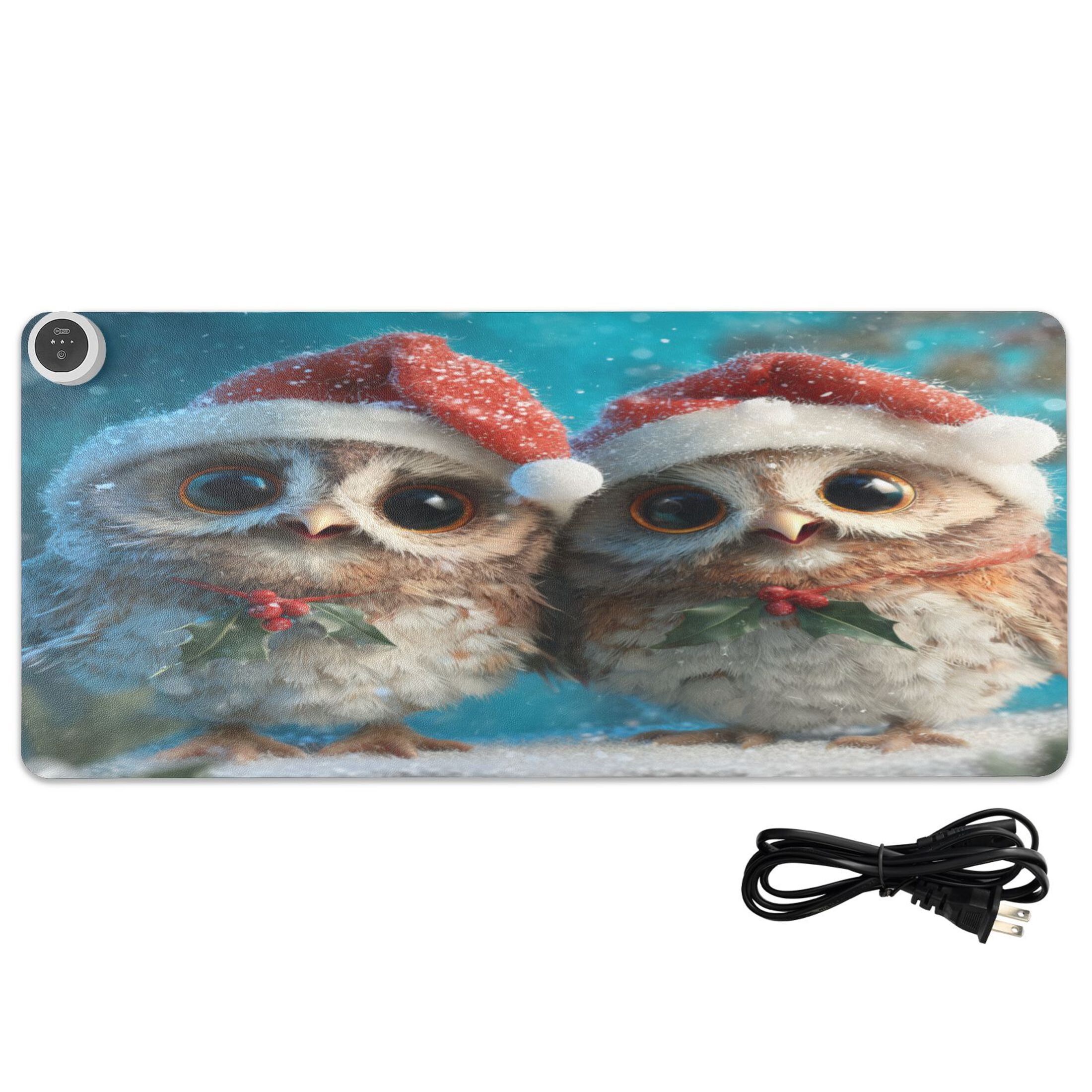 Large Heated Desk Mat Mouse Pad 31.5"x13"PU Leather Graphene Heating Desk Warmer with 3 Temperature Settings 110V US Plug Non-Slip Warm Pad for Home, Office, and Gaming Two Lovely Christmas Owls