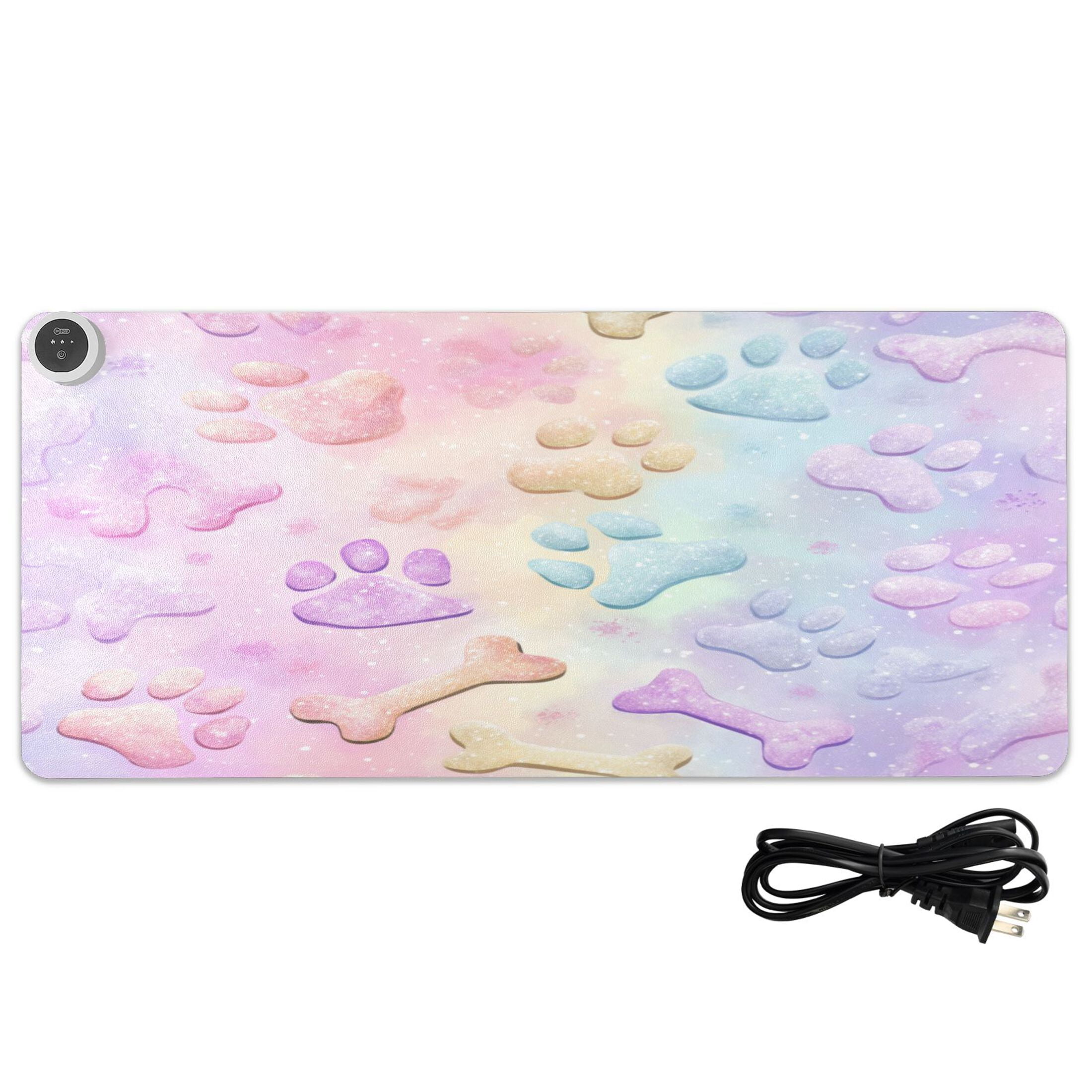Large Heated Desk Mat Mouse Pad 31.5"x13"PU Leather Graphene Heating Desk Warmer with 3 Temperature Settings 110V US Plug Non-Slip Warm Pad for Home, Office, and Gaming Pastel Dog Bone Print