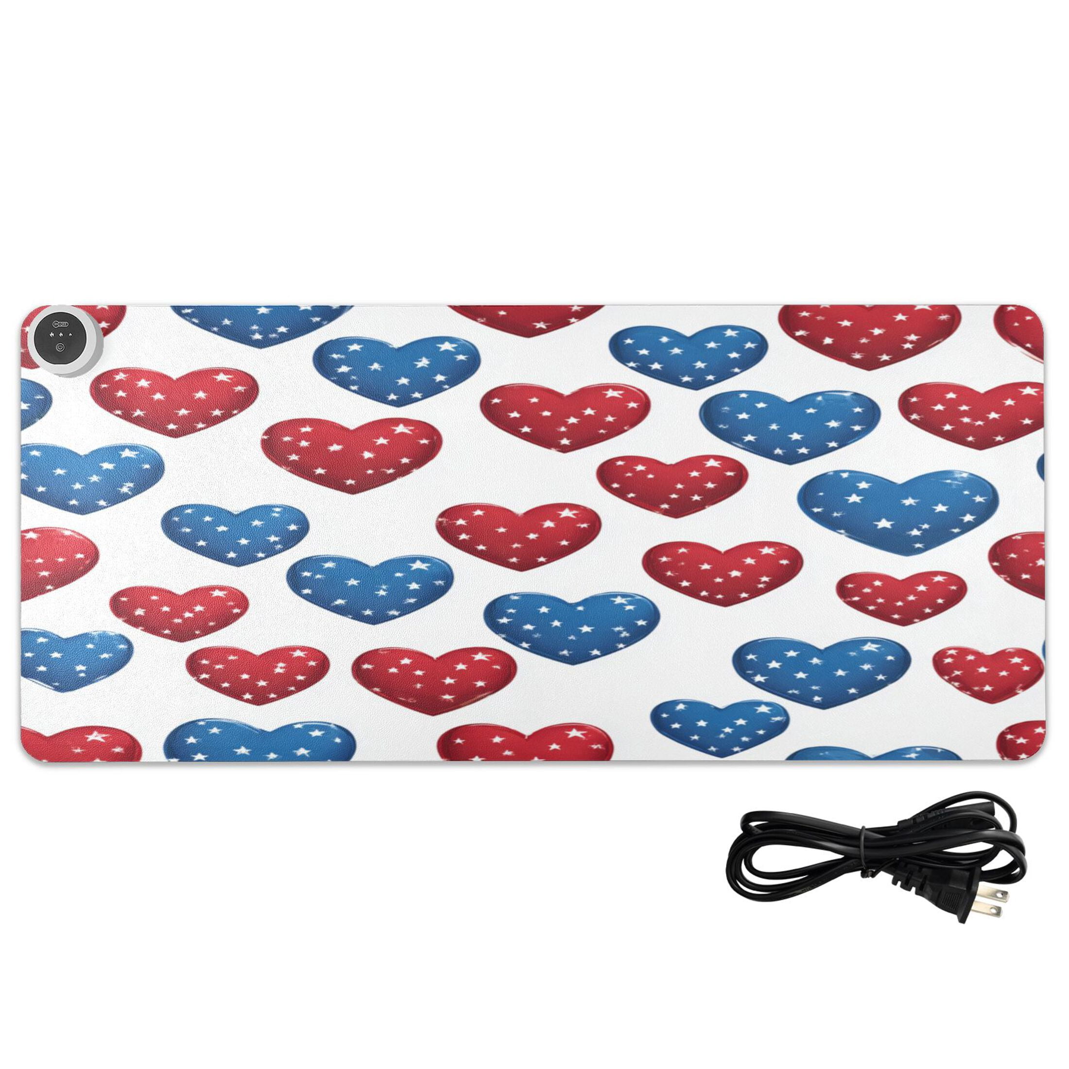 Large Heated Desk Mat Mouse Pad 31.5"x13"PU Leather Graphene Heating Desk Warmer with 3 Temperature Settings 110V US Plug Non-Slip Warm Pad for Home, Office, and Gaming Patriotic Star Hearts Print
