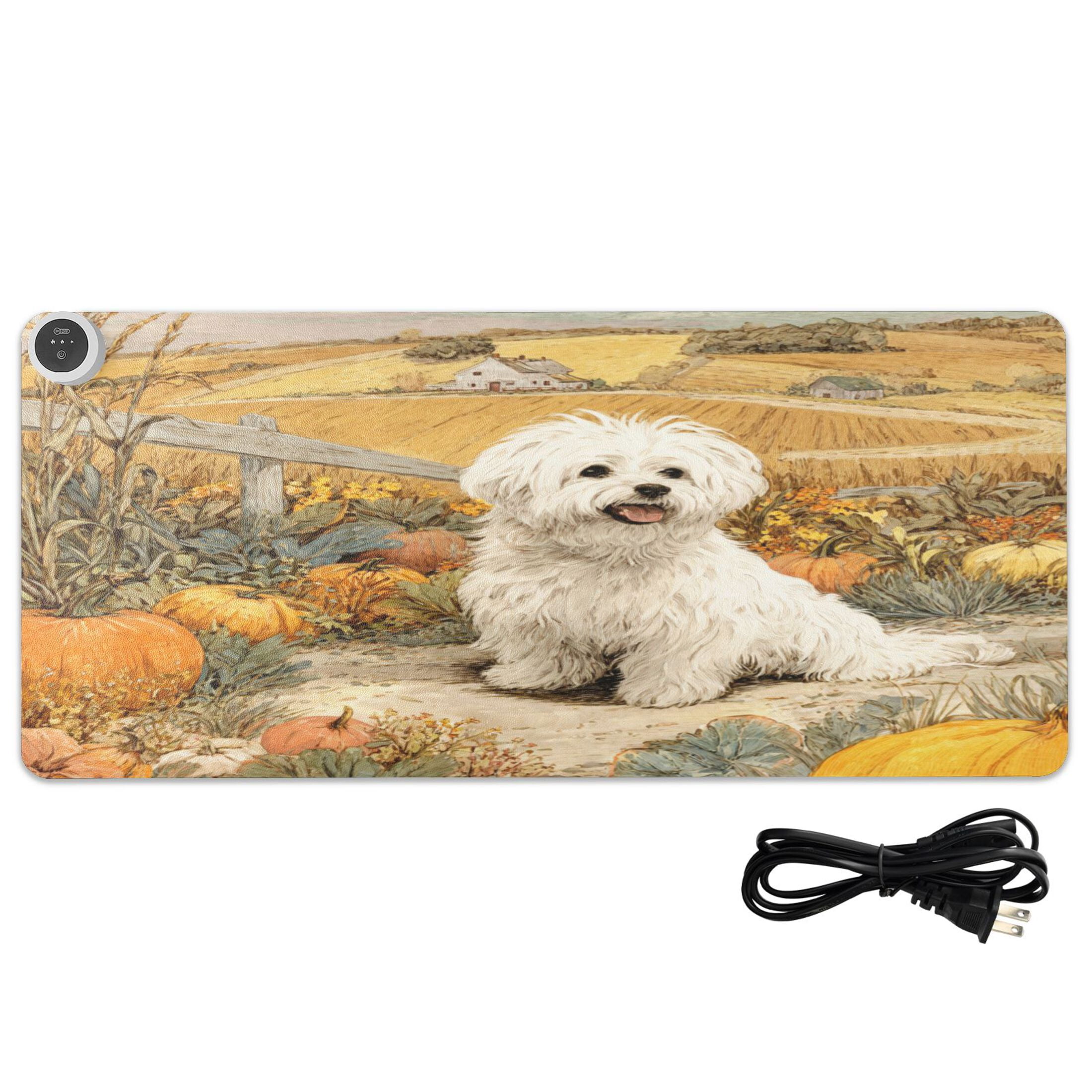 Large Heated Desk Mat Mouse Pad 31.5"x13"PU Leather Graphene Heating Desk Warmer with 3 Temperature Settings 110V US Plug Non-Slip Warm Pad for Home, Office, and Gaming White Havanese Dog Pattern