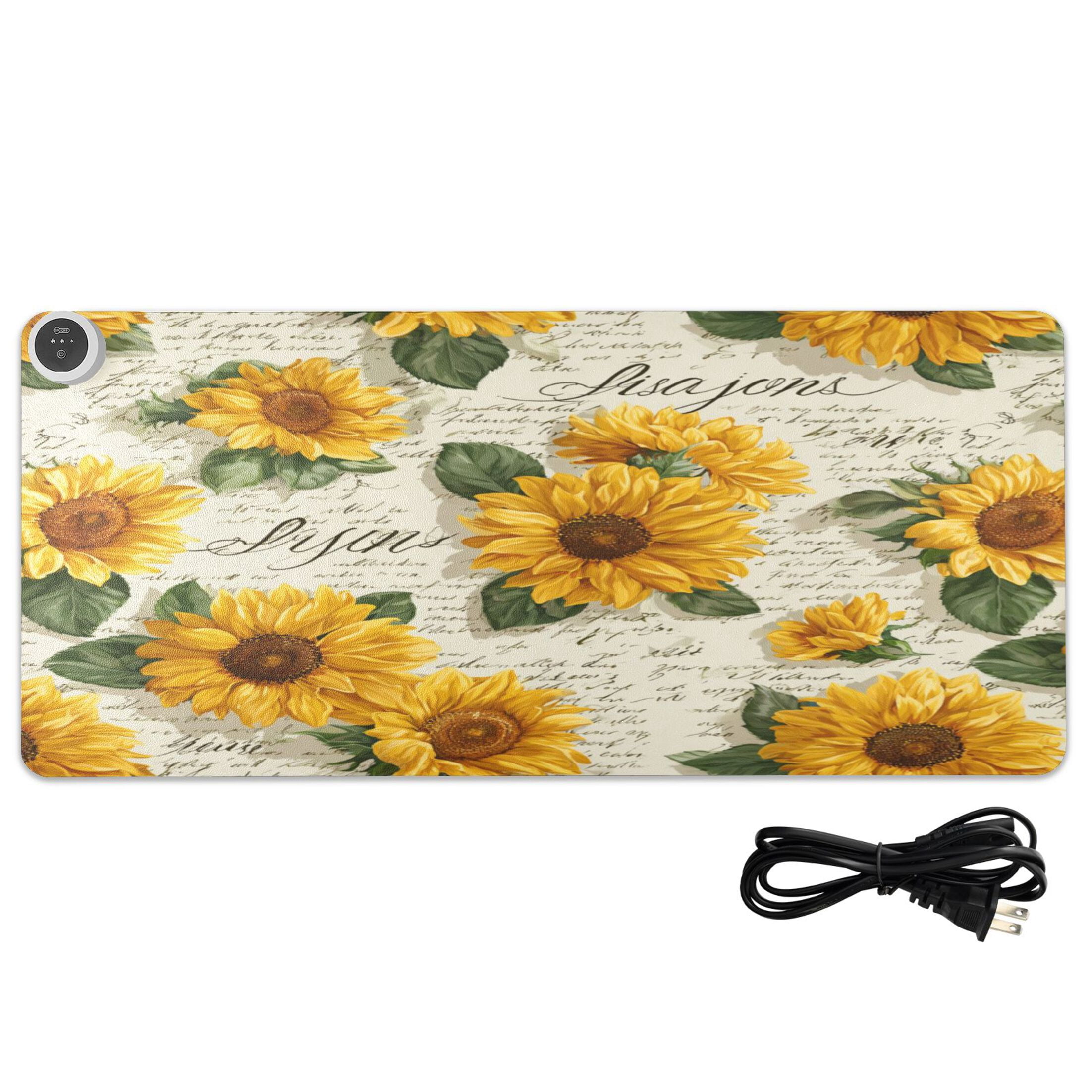 Large Heated Desk Mat Mouse Pad 31.5"x13"PU Leather Graphene Heating Desk Warmer with 3 Temperature Settings 110V US Plug Non-Slip Warm Pad for Home, Office, and Gaming Vintage Paper with Sunflowers
