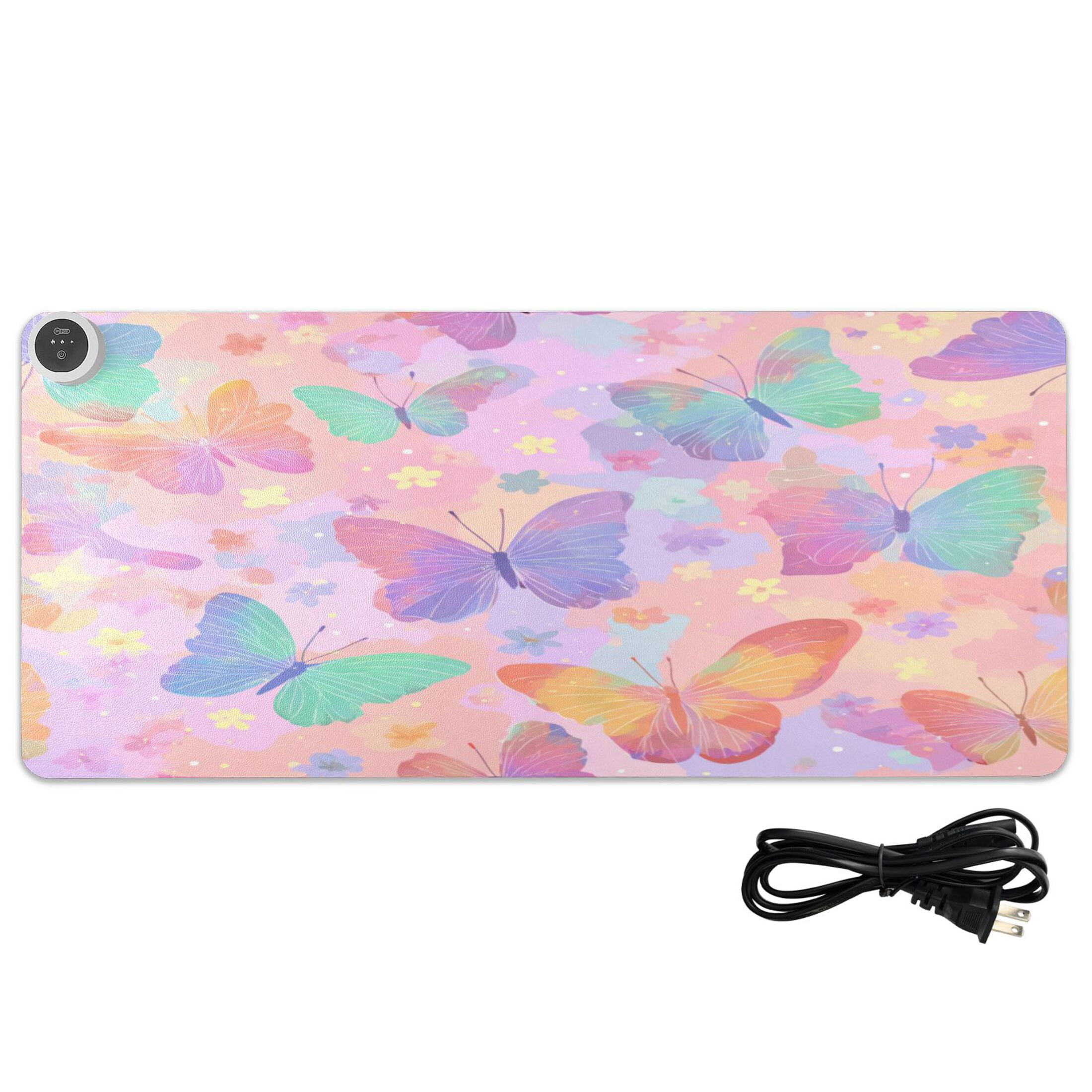 Large Heated Desk Mat Mouse Pad 31.5"x13"PU Leather Graphene Heating Desk Warmer with 3 Temperature Settings 110V US Plug Non-Slip Warm Pad for Home, Office, and Gaming Peach Pastel Butterfly Flutter