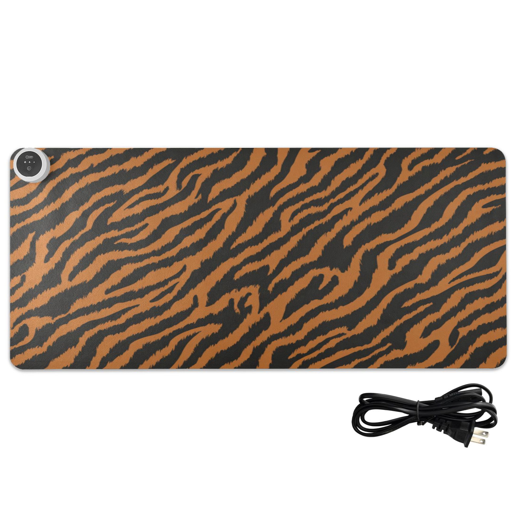 Large Heated Desk Mat Mouse Pad 31.5"x13"PU Leather Graphene Heating Desk Warmer with 3 Temperature Settings 110V US Plug Non-Slip Warm Pad for Home, Office, and Gaming Rich Brown Tiger Stripes