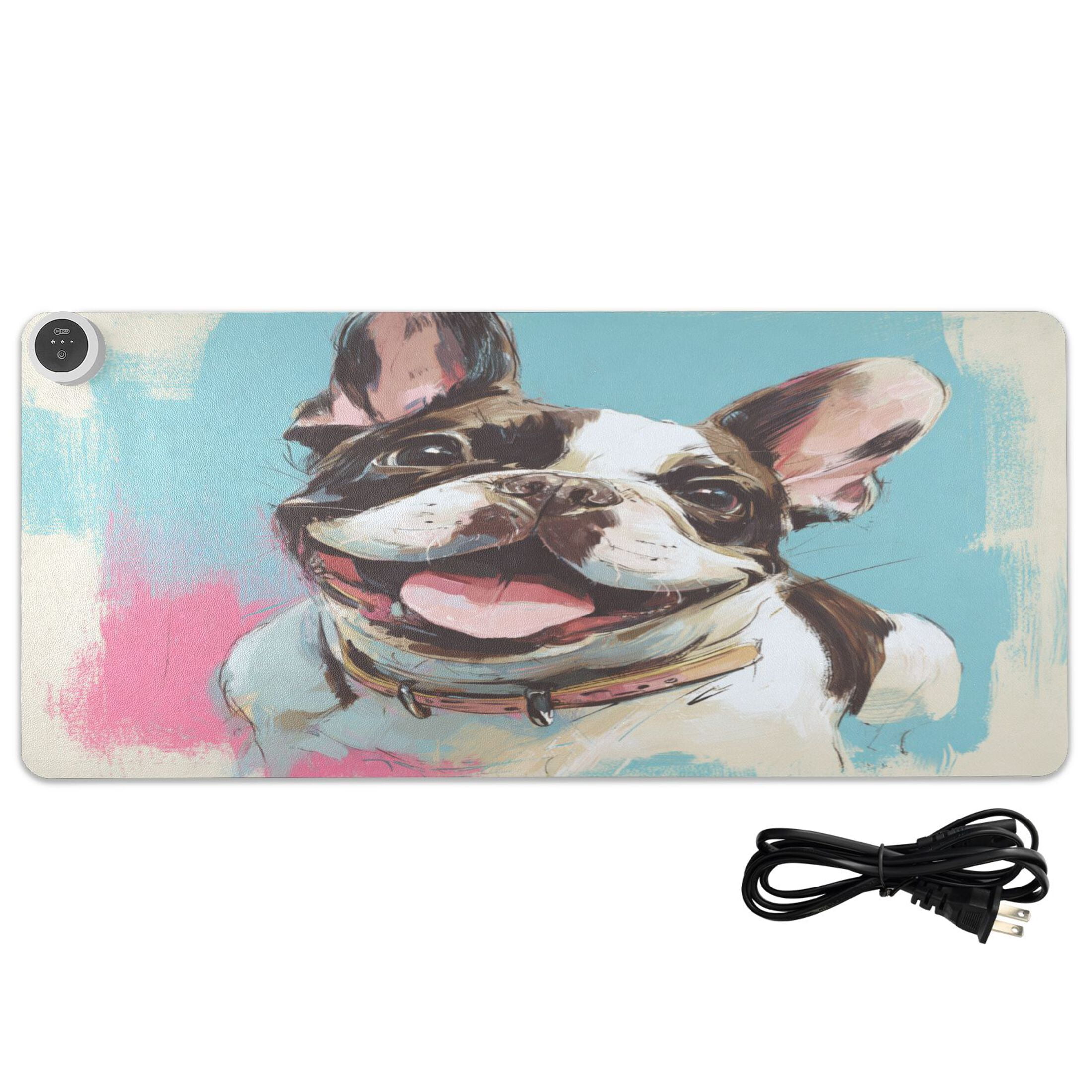 Large Heated Desk Mat Mouse Pad 31.5"x13"PU Leather Graphene Heating Desk Warmer with 3 Temperature Settings 110V US Plug Non-Slip Warm Pad for Home, Office, and Gaming Happy Frenchie Pop Portrait