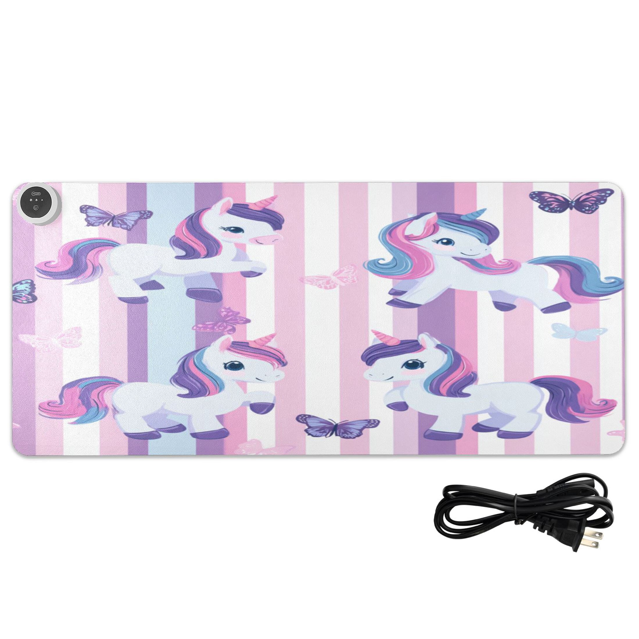 Large Heated Desk Mat Mouse Pad 31.5"x13"PU Leather Graphene Heating Desk Warmer with 3 Temperature Settings 110V US Plug Non-Slip Warm Pad for Home, Office, and Gaming Cute Pastel Unicorn Stripe
