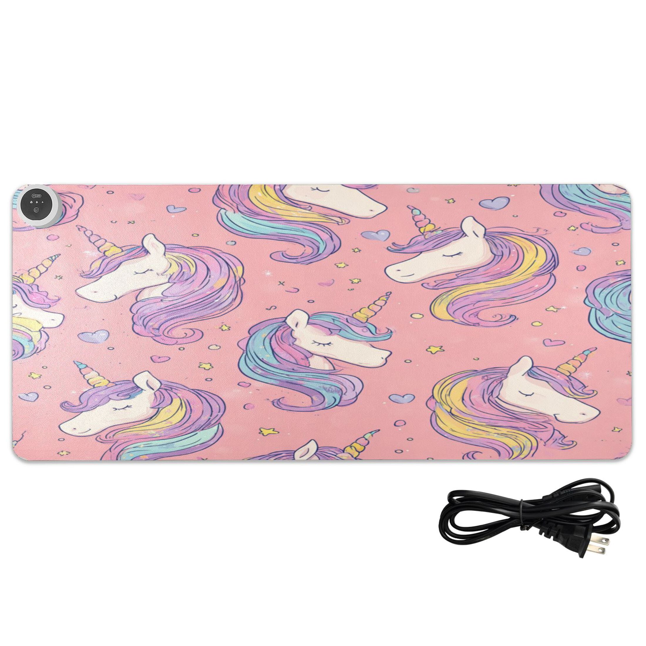 Large Heated Desk Mat Mouse Pad 31.5"x13"PU Leather Graphene Heating Desk Warmer with 3 Temperature Settings 110V US Plug Non-Slip Warm Pad for Home, Office, and Gaming Soft Pink Unicorn Illustration