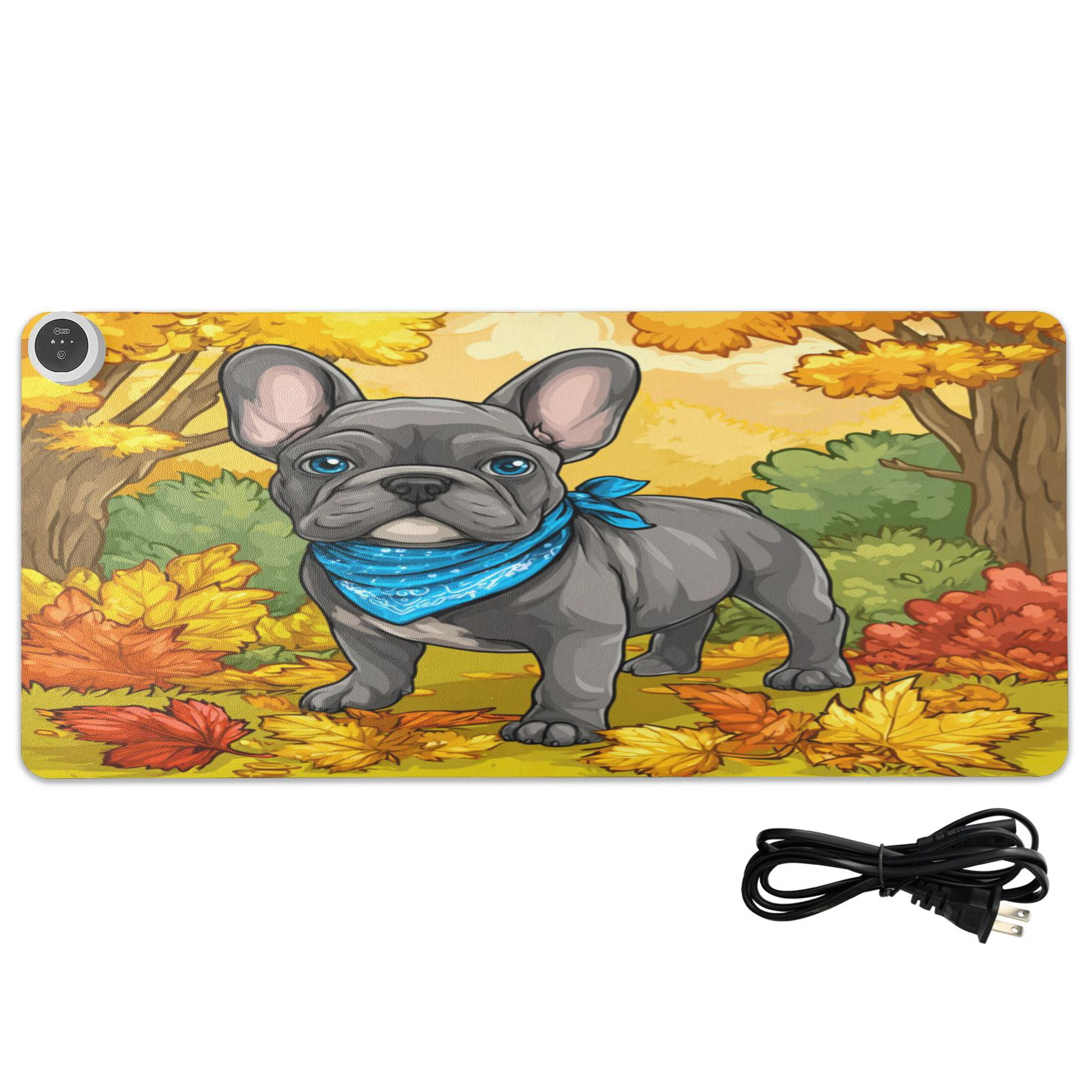 Large Heated Desk Mat Mouse Pad 31.5"x13"PU Leather Graphene Heating Desk Warmer with 3 Temperature Settings 110V US Plug Non-Slip Warm Pad for Home, Office, and Gaming Cute Gray French Bulldog