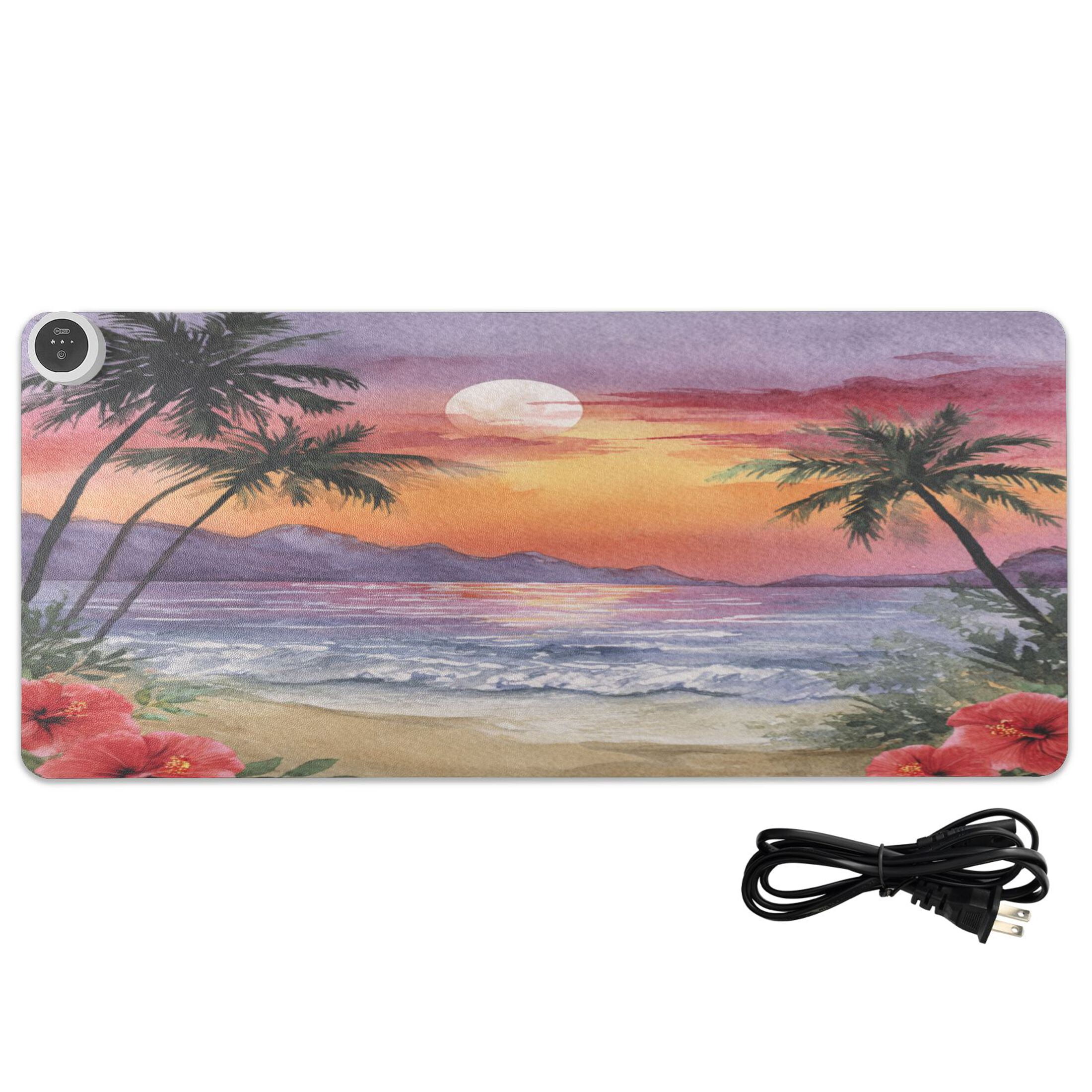 Large Heated Desk Mat Mouse Pad 31.5"x13"PU Leather Graphene Heating Desk Warmer with 3 Temperature Settings 110V US Plug Non-Slip Warm Pad for Home, Office, and Gaming Tropical Sunset Beach Print