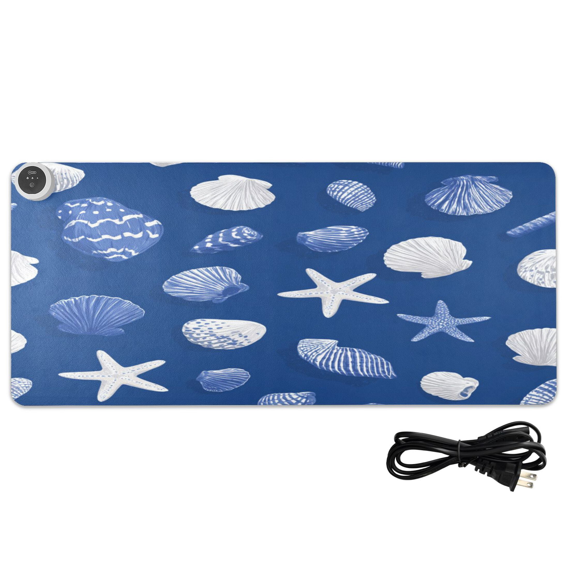 Large Heated Desk Mat Mouse Pad 31.5"x13"PU Leather Graphene Heating Desk Warmer with 3 Temperature Settings 110V US Plug Non-Slip Warm Pad for Home, Office, and Gaming Fresh Coastal Seashell Pattern