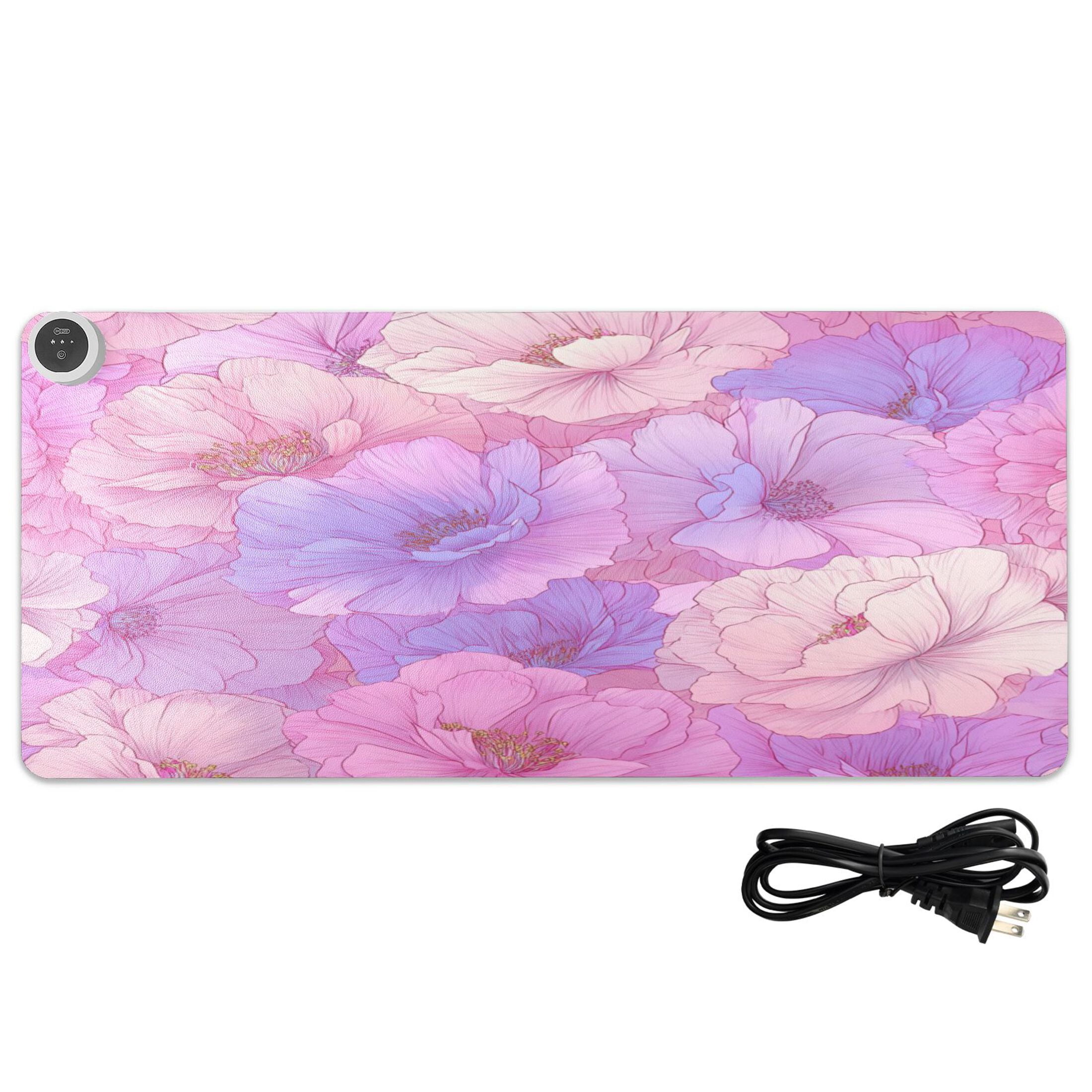 Large Heated Desk Mat Mouse Pad 31.5"x13"PU Leather Graphene Heating Desk Warmer with 3 Temperature Settings 110V US Plug Non-Slip Warm Pad for Home, Office, and Gaming Pink Fantasy Flowers Pattern