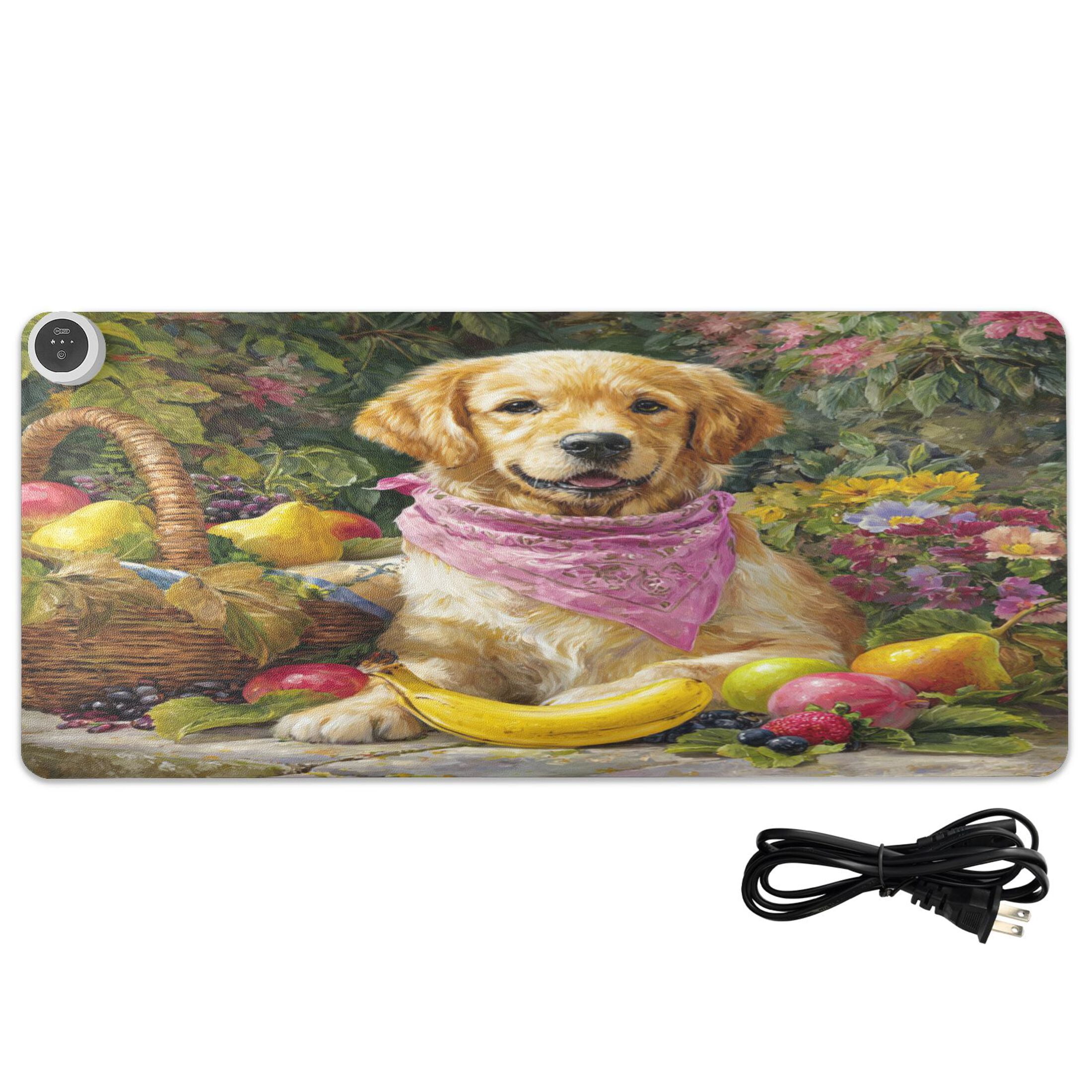 Large Heated Desk Mat Mouse Pad 31.5"x13"PU Leather Graphene Heating Desk Warmer with 3 Temperature Settings 110V US Plug Non-Slip Warm Pad for Home, Office, and Gaming Golden Retriever with Scarf