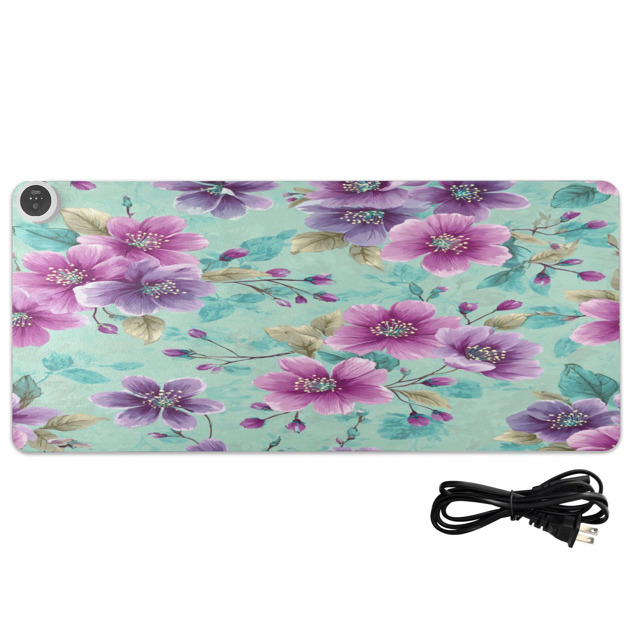 Large Heated Desk Mat Mouse Pad 31.5"x13"PU Leather Graphene Heating Desk Warmer with 3 Temperature Settings 110V US Plug Non-Slip Warm Pad for Home, Office, and Gaming Teal Purple Floral Print