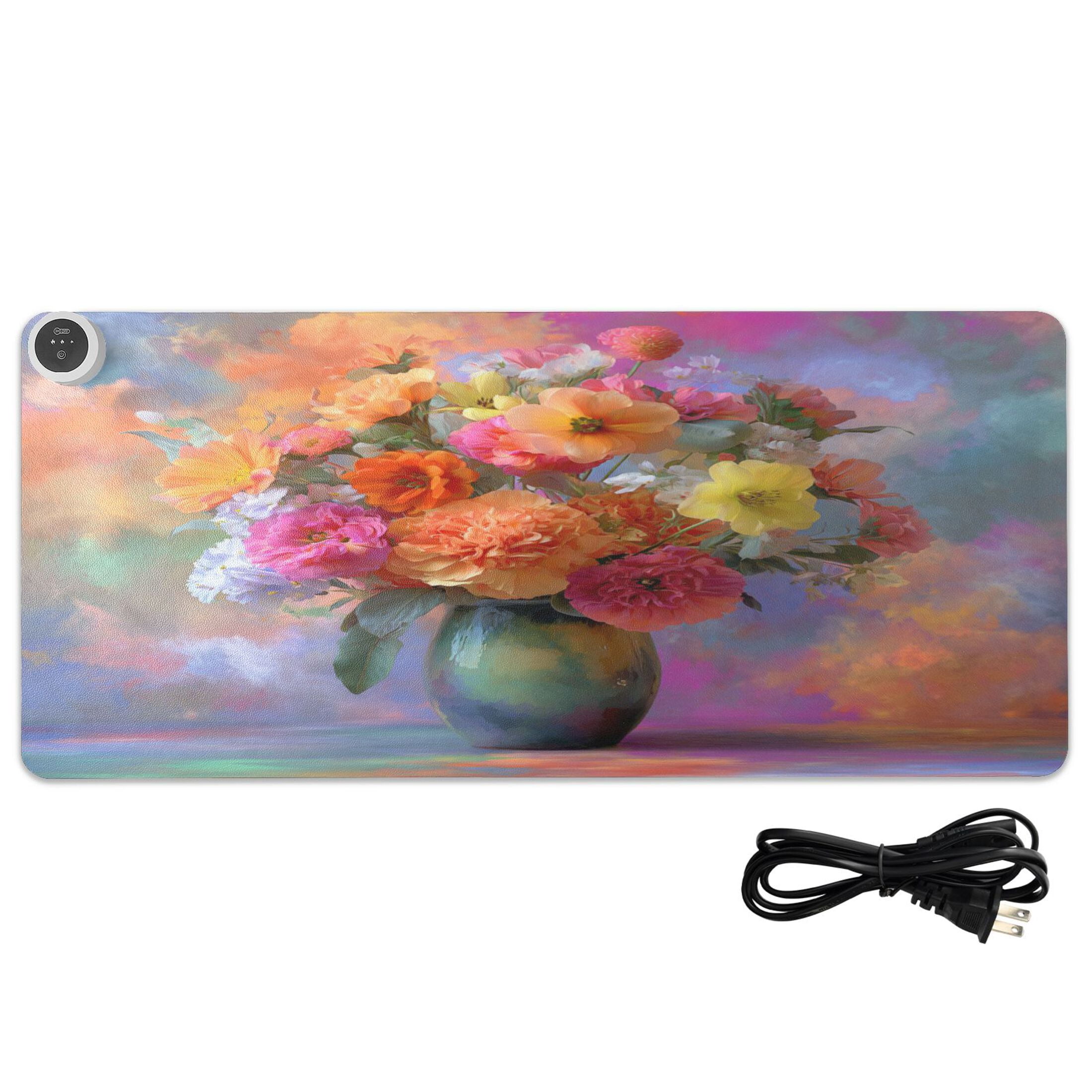 Large Heated Desk Mat Mouse Pad 31.5"x13"PU Leather Graphene Heating Desk Warmer with 3 Temperature Settings 110V US Plug Non-Slip Warm Pad for Home, Office, and Gaming Vivid Flowers in A Vase