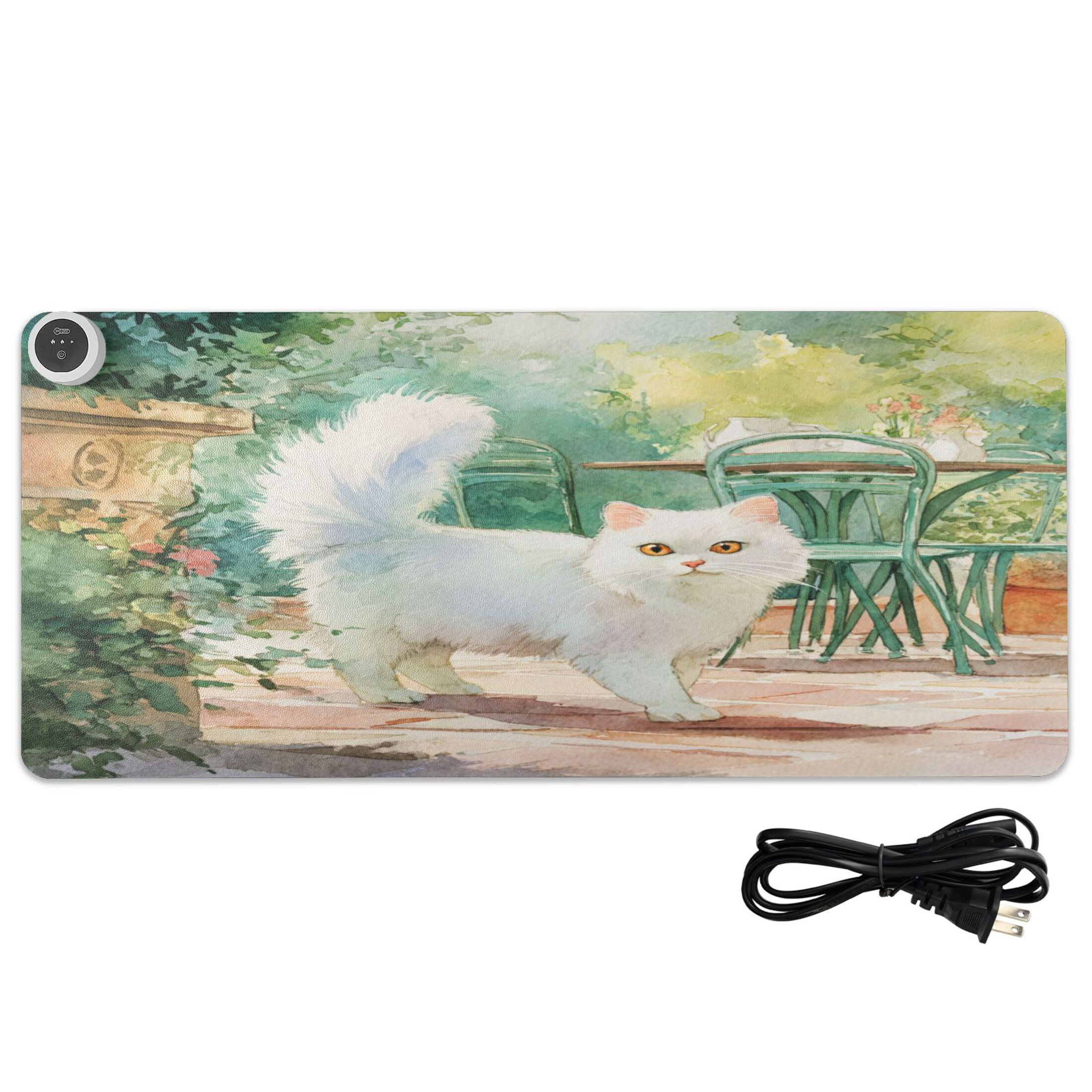 Large Heated Desk Mat Mouse Pad 31.5"x13"PU Leather Graphene Heating Desk Warmer with 3 Temperature Settings 110V US Plug Non-Slip Warm Pad for Home, Office, and Gaming Watercolor White Persian Cat