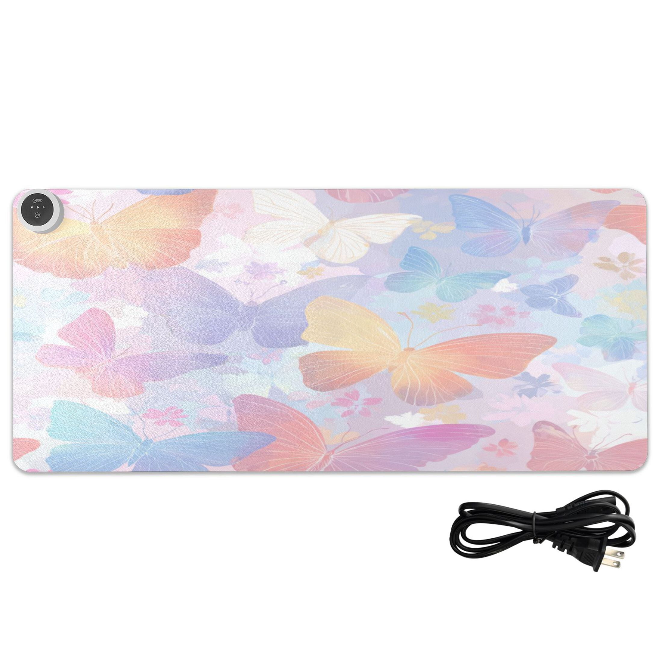 Large Heated Desk Mat Mouse Pad 31.5"x13"PU Leather Graphene Heating Desk Warmer with 3 Temperature Settings 110V US Plug Non-Slip Warm Pad for Home, Office, and Gaming Rainbow Pastel Butterfly Dance