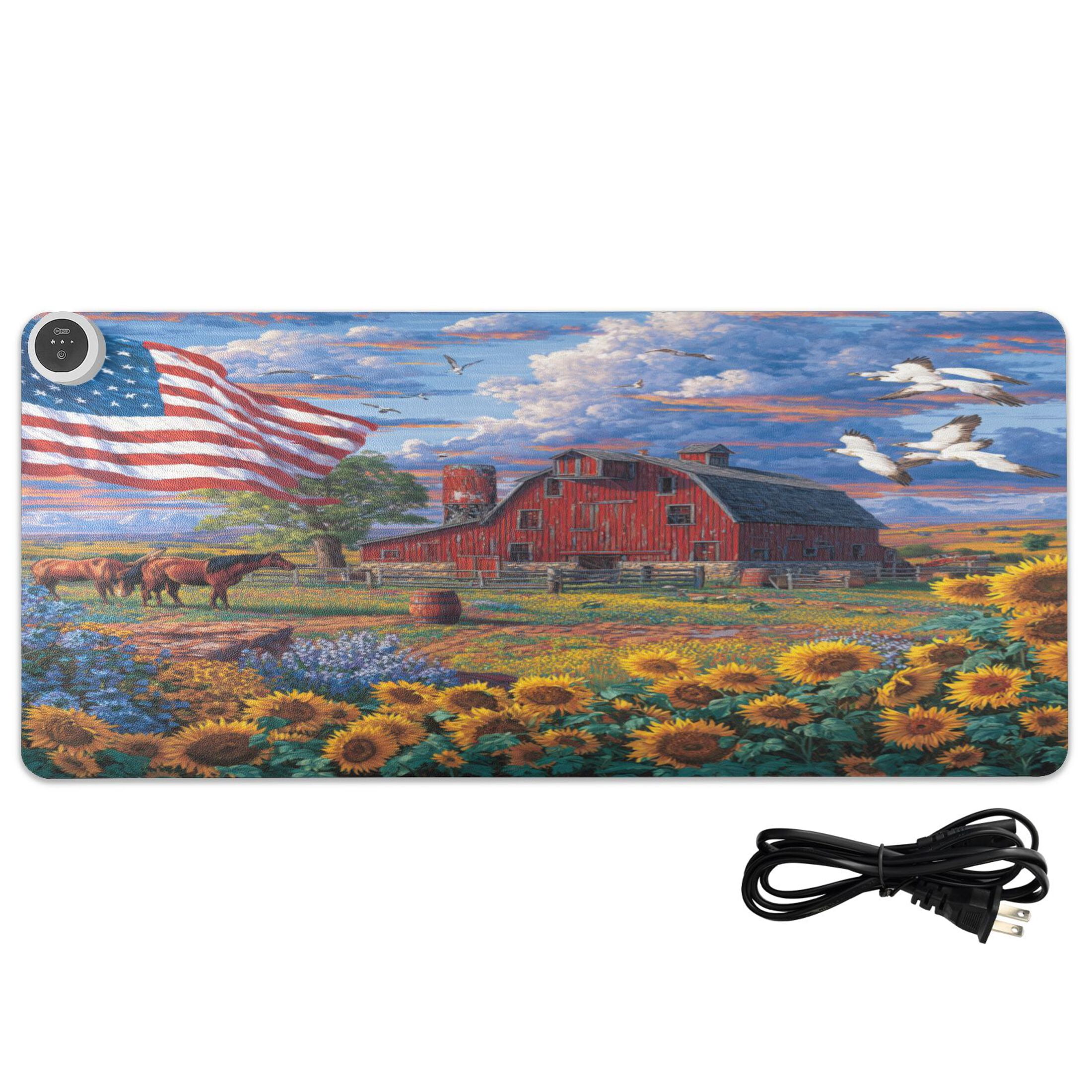 Large Heated Desk Mat Mouse Pad 31.5"x13"PU Leather Graphene Heating Desk Warmer with 3 Temperature Settings 110V US Plug Non-Slip Warm Pad for Home, Office, and Gaming Farmland Oil Painting Pattern