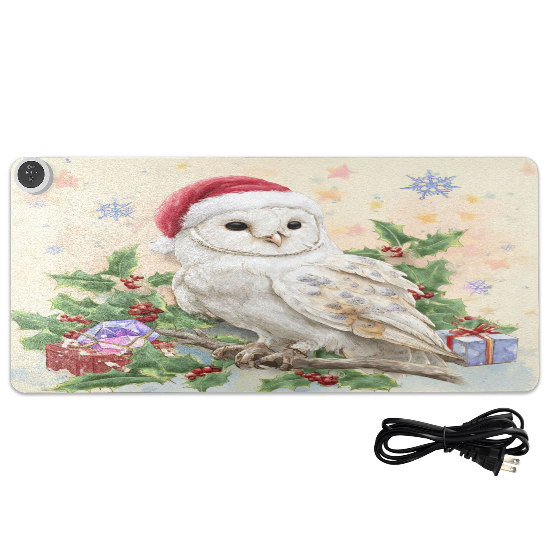 Large Heated Desk Mat Mouse Pad 31.5"x13"PU Leather Graphene Heating Desk Warmer with 3 Temperature Settings 110V US Plug Non-Slip Warm Pad for Home, Office, and Gaming Christmas Cute White Owl