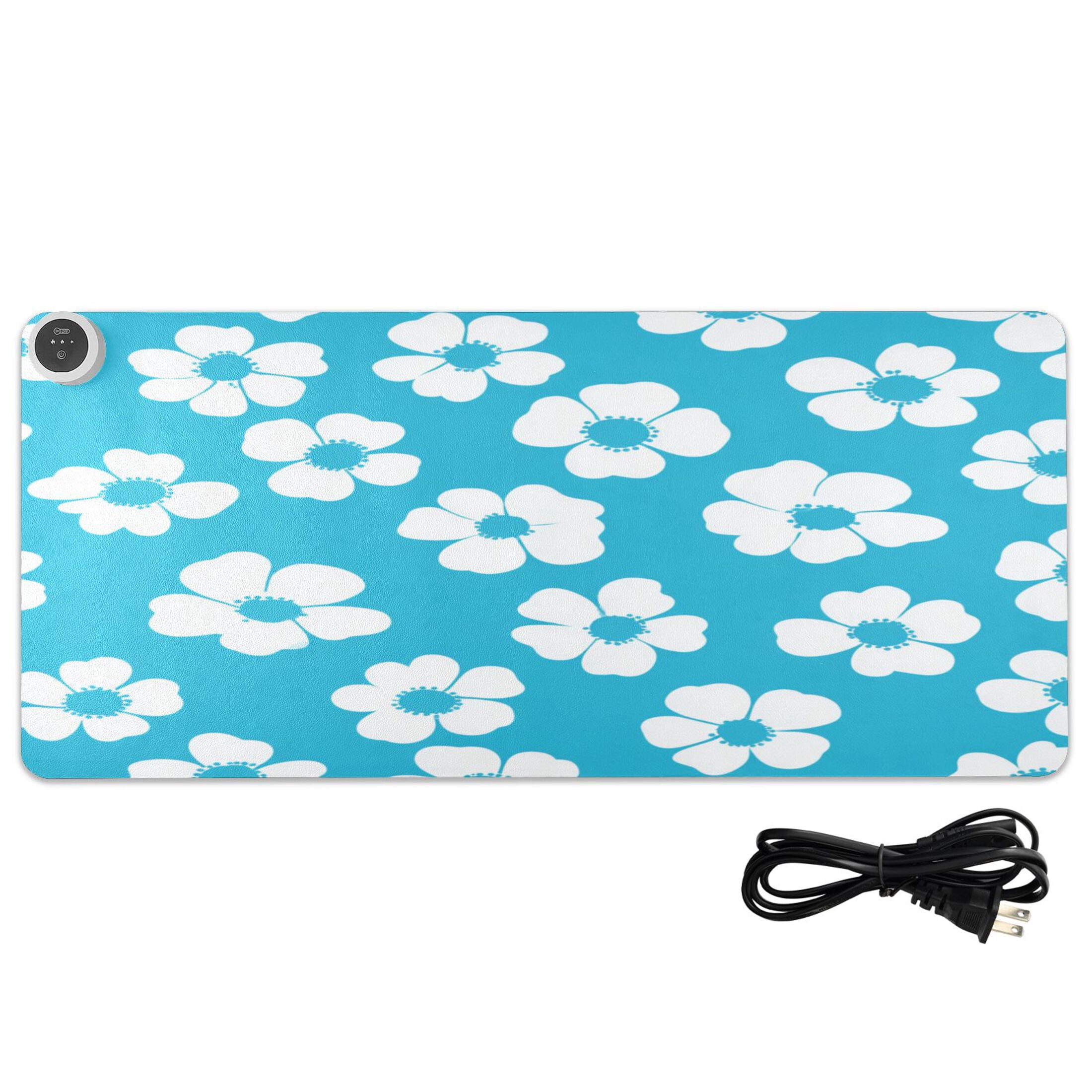 Large Heated Desk Mat Mouse Pad 31.5"x13"PU Leather Graphene Heating Desk Warmer with 3 Temperature Settings 110V US Plug Non-Slip Warm Pad for Home, Office, and Gaming Turquoise White Daisy Floral