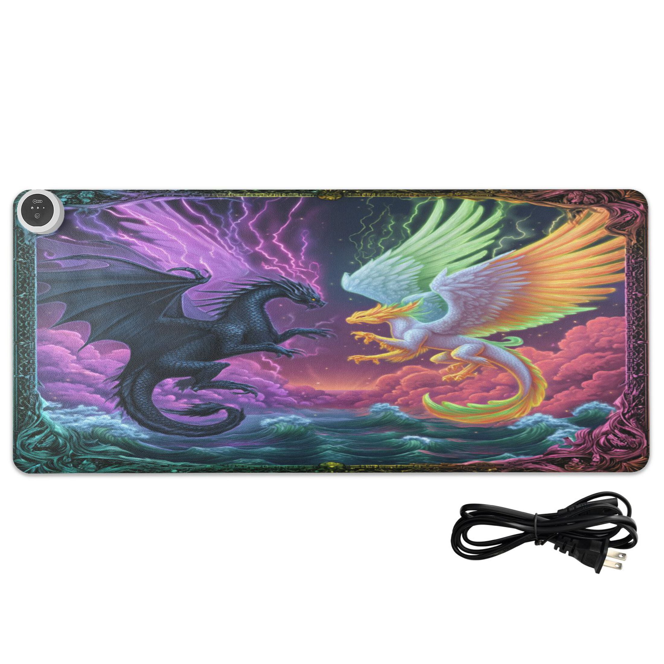 Large Heated Desk Mat Mouse Pad 31.5"x13"PU Leather Graphene Heating Desk Warmer with 3 Temperature Settings 110V US Plug Non-Slip Warm Pad for Home, Office, and Gaming Magic Dragon Game Card