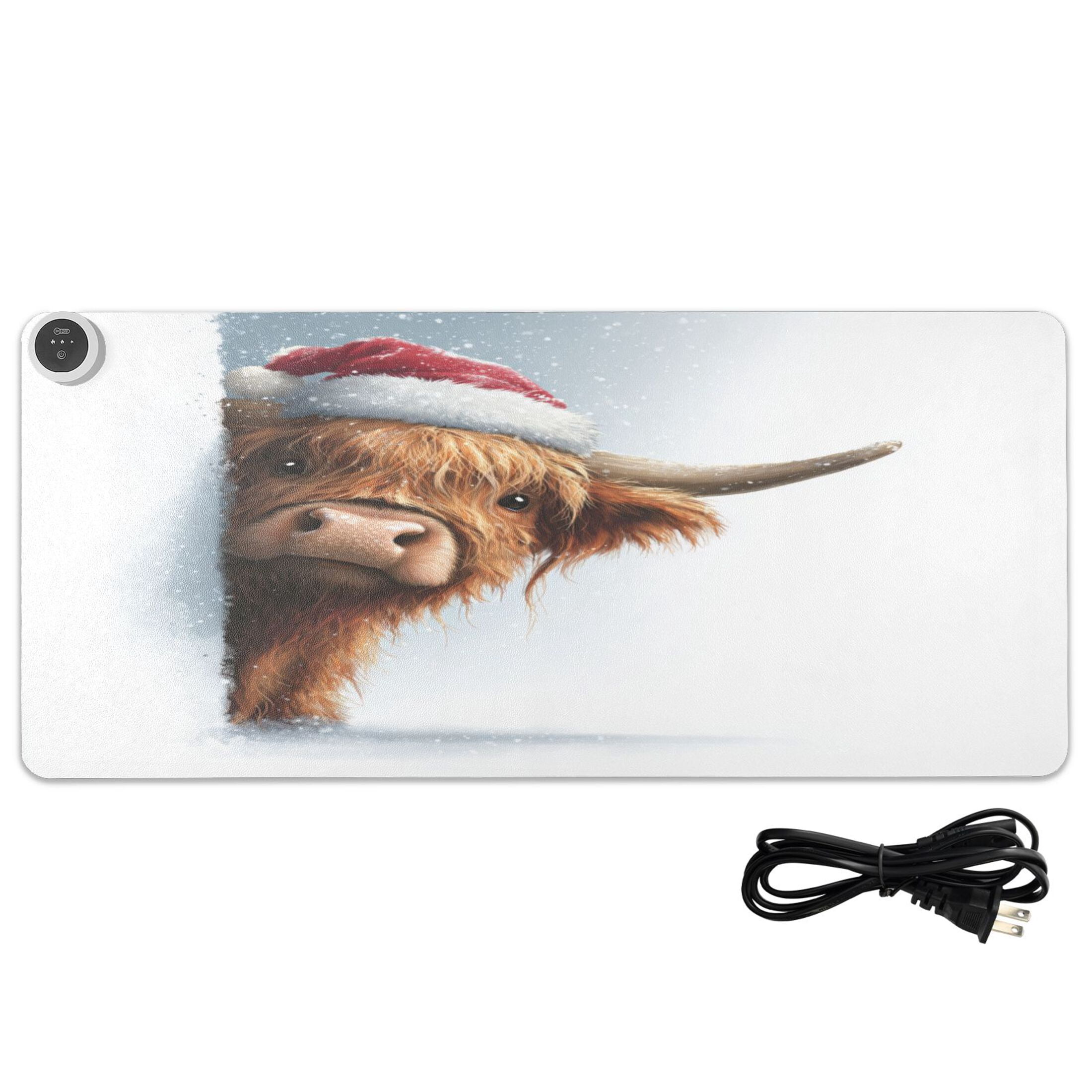 Large Heated Desk Mat Mouse Pad 31.5"x13"PU Leather Graphene Heating Desk Warmer with 3 Temperature Settings 110V US Plug Non-Slip Warm Pad for Home, Office, and Gaming Lovely Christmas Highland Cow