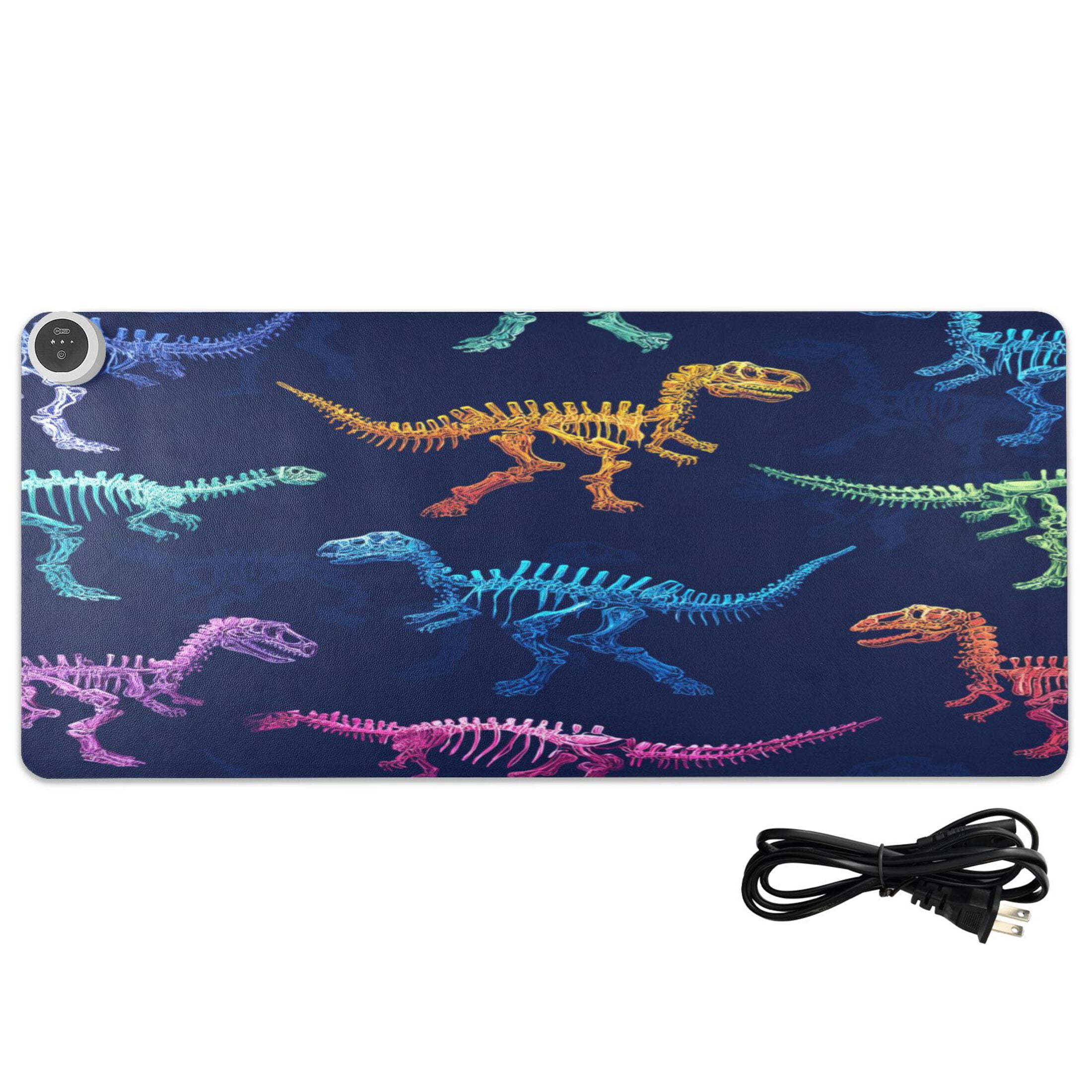 Large Heated Desk Mat Mouse Pad 31.5"x13"PU Leather Graphene Heating Desk Warmer with 3 Temperature Settings 110V US Plug Non-Slip Warm Pad for Home, Office, and Gaming Vividly Colored Dinosaur Bones