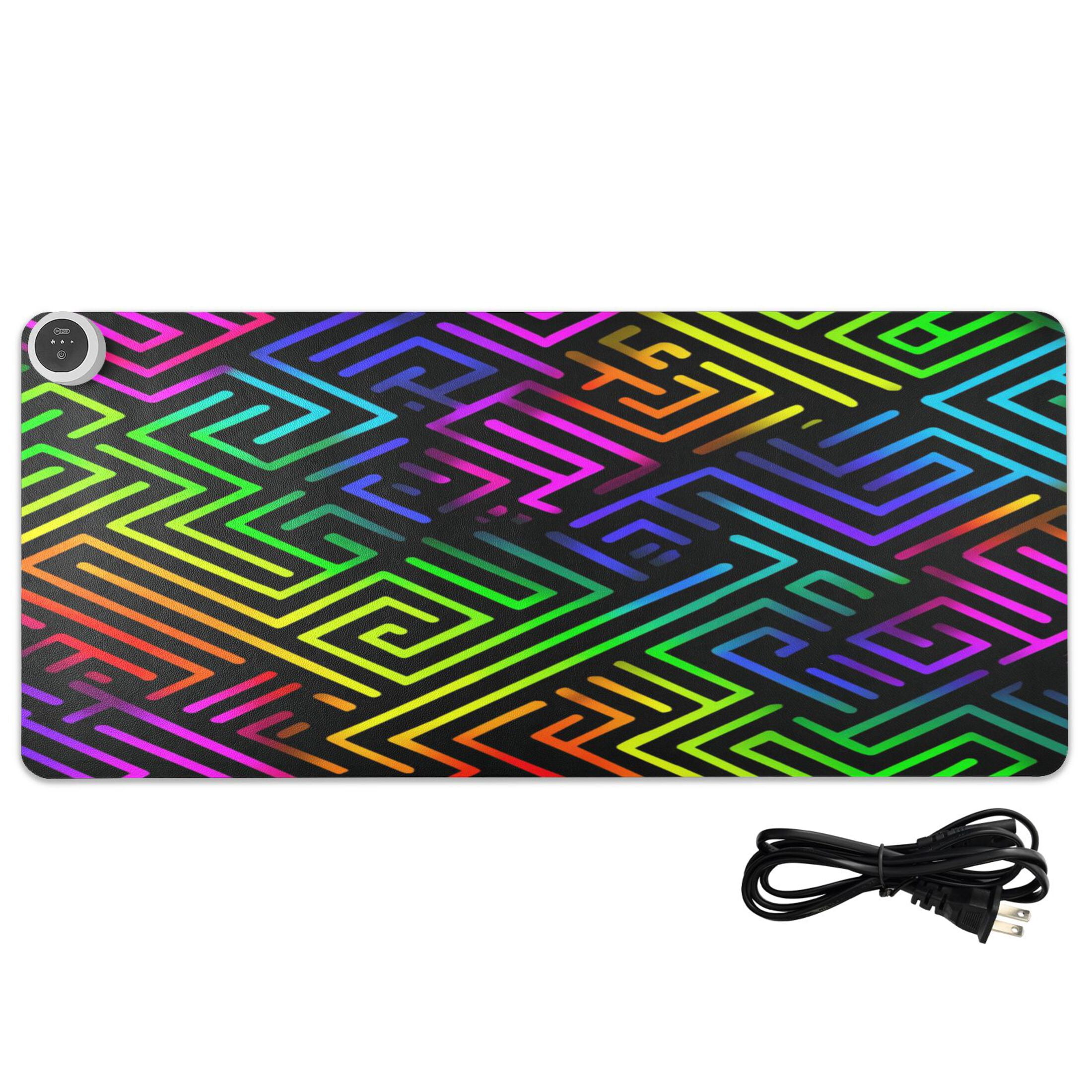 Large Heated Desk Mat Mouse Pad 31.5"x13"PU Leather Graphene Heating Desk Warmer with 3 Temperature Settings 110V US Plug Non-Slip Warm Pad for Home, Office, and Gaming Rainbow Neon Labyrinth Print