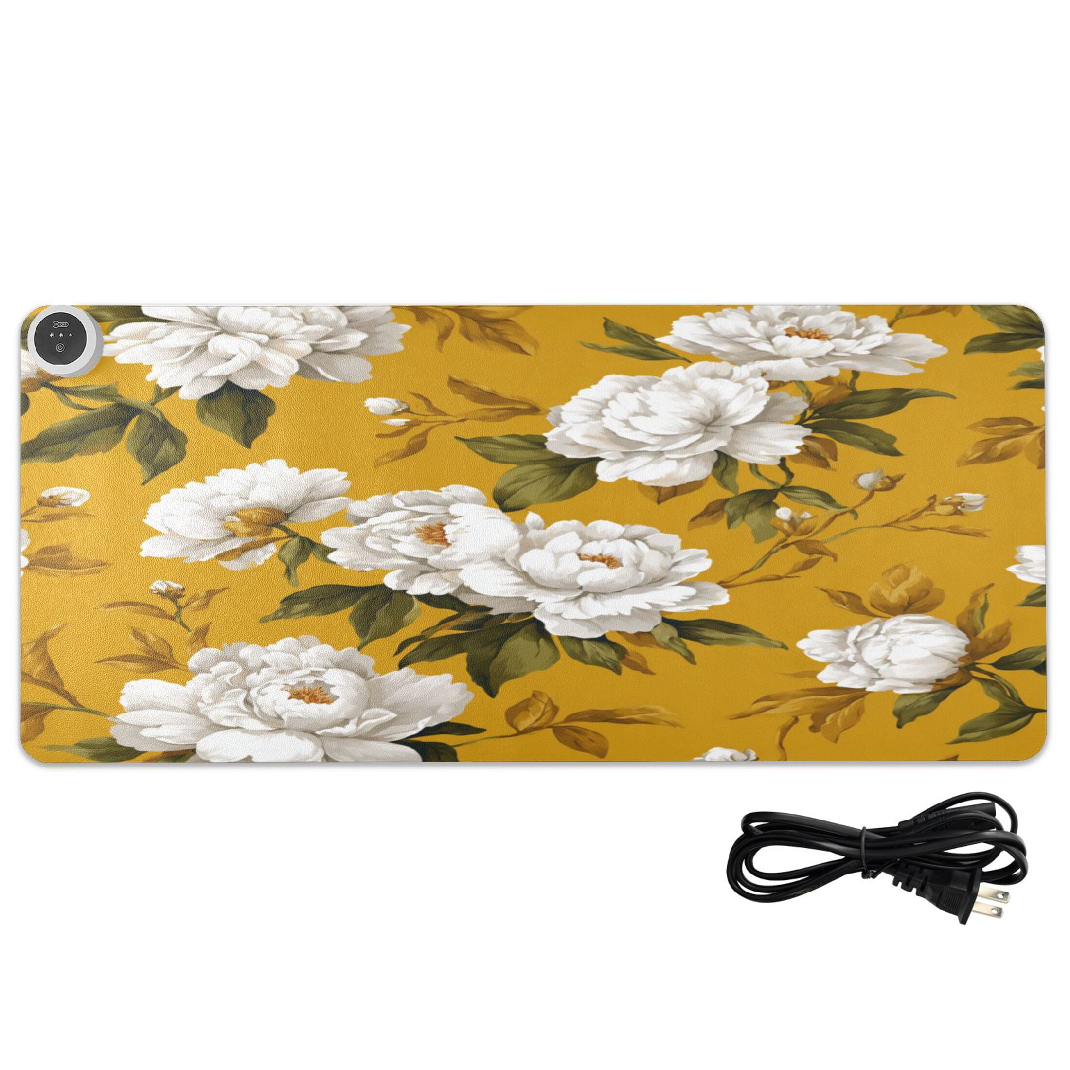 Large Heated Desk Mat Mouse Pad 31.5"x13"PU Leather Graphene Heating Desk Warmer with 3 Temperature Settings 110V US Plug Non-Slip Warm Pad for Home, Office, and Gaming Retro Yellow and White Peony