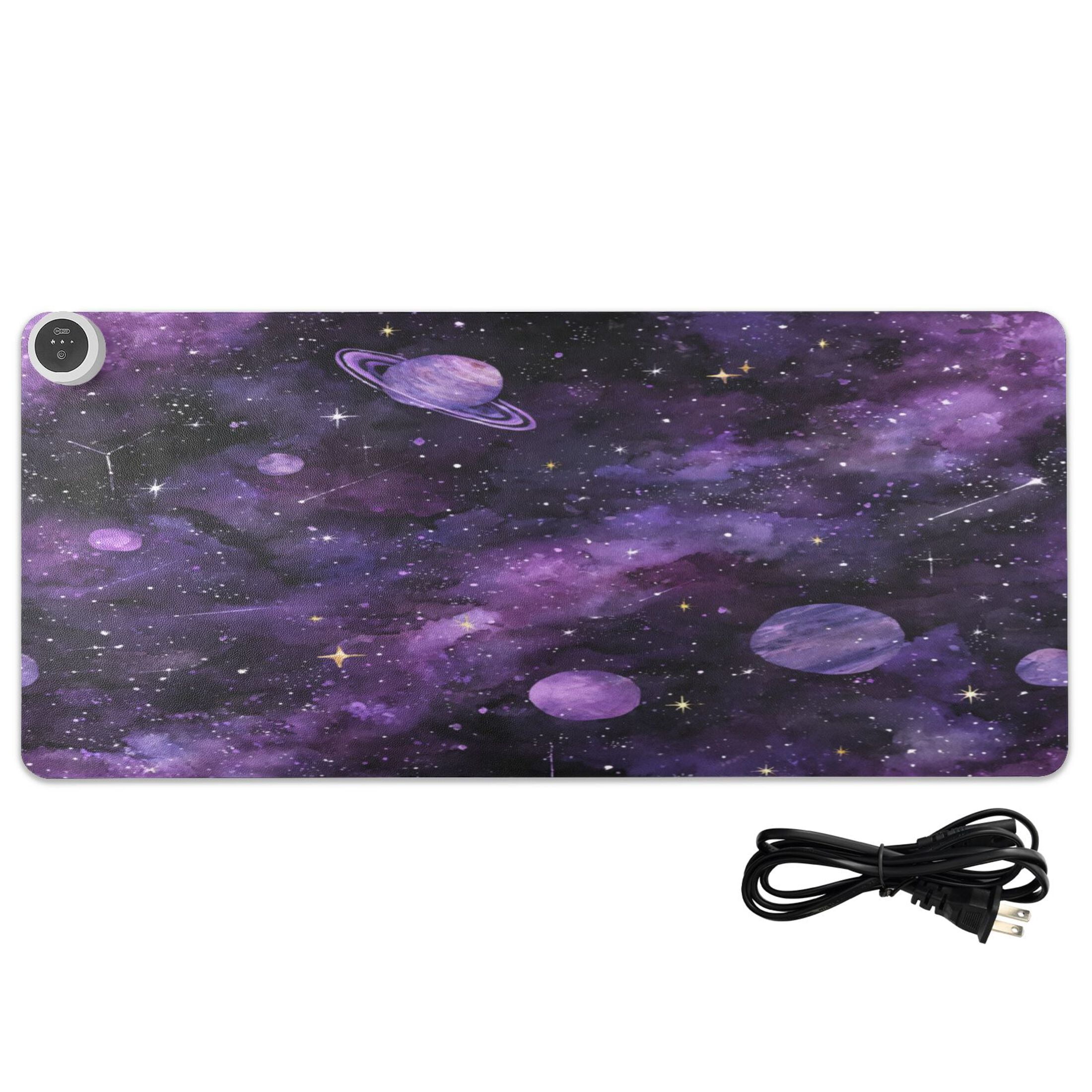 Large Heated Desk Mat Mouse Pad 31.5"x13"PU Leather Graphene Heating Desk Warmer with 3 Temperature Settings 110V US Plug Non-Slip Warm Pad for Home, Office, and Gaming Purple Galaxy Cosmic Whispers