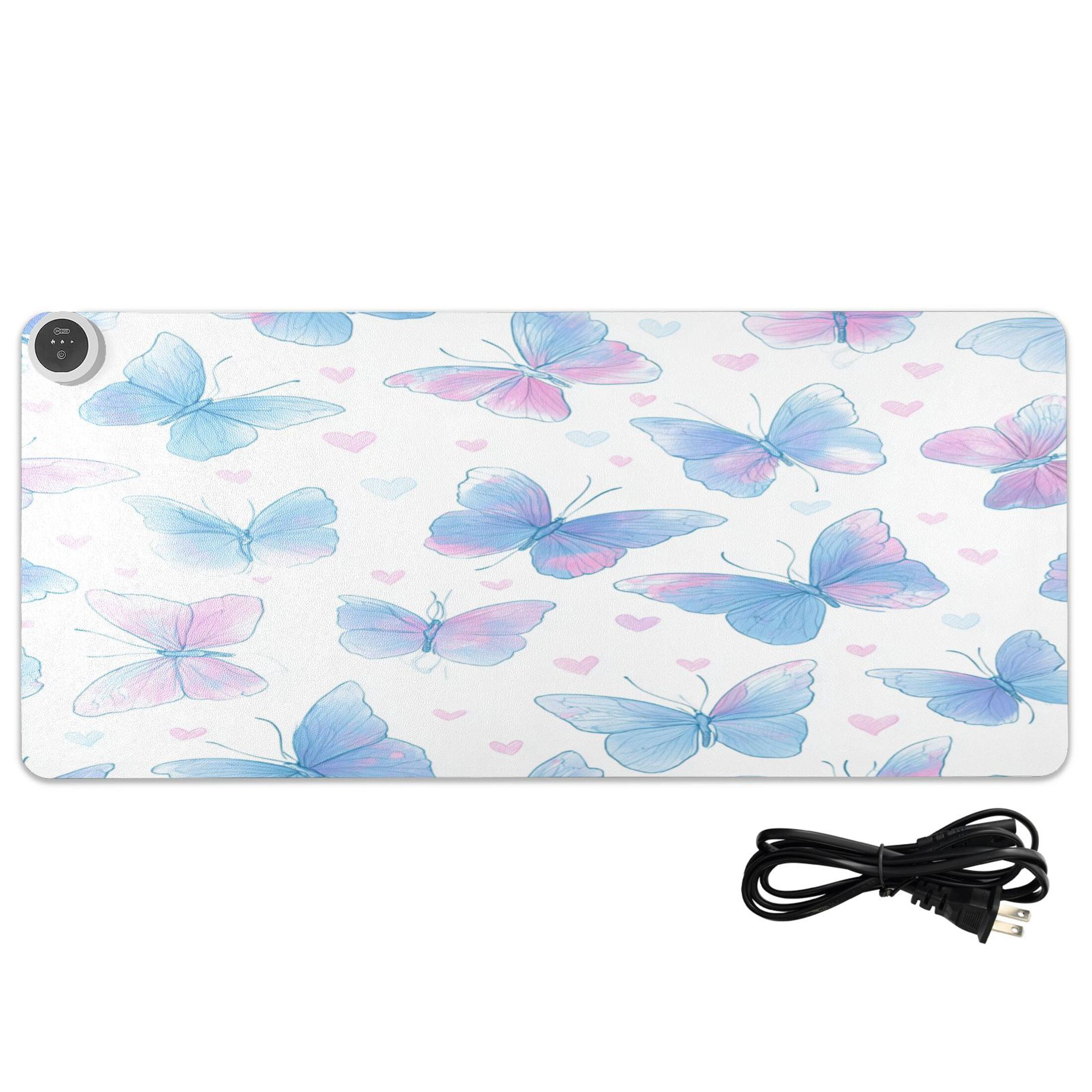 Large Heated Desk Mat Mouse Pad 31.5"x13"PU Leather Graphene Heating Desk Warmer with 3 Temperature Settings 110V US Plug Non-Slip Warm Pad for Home, Office, and Gaming Sweet Heart Butterfly Print