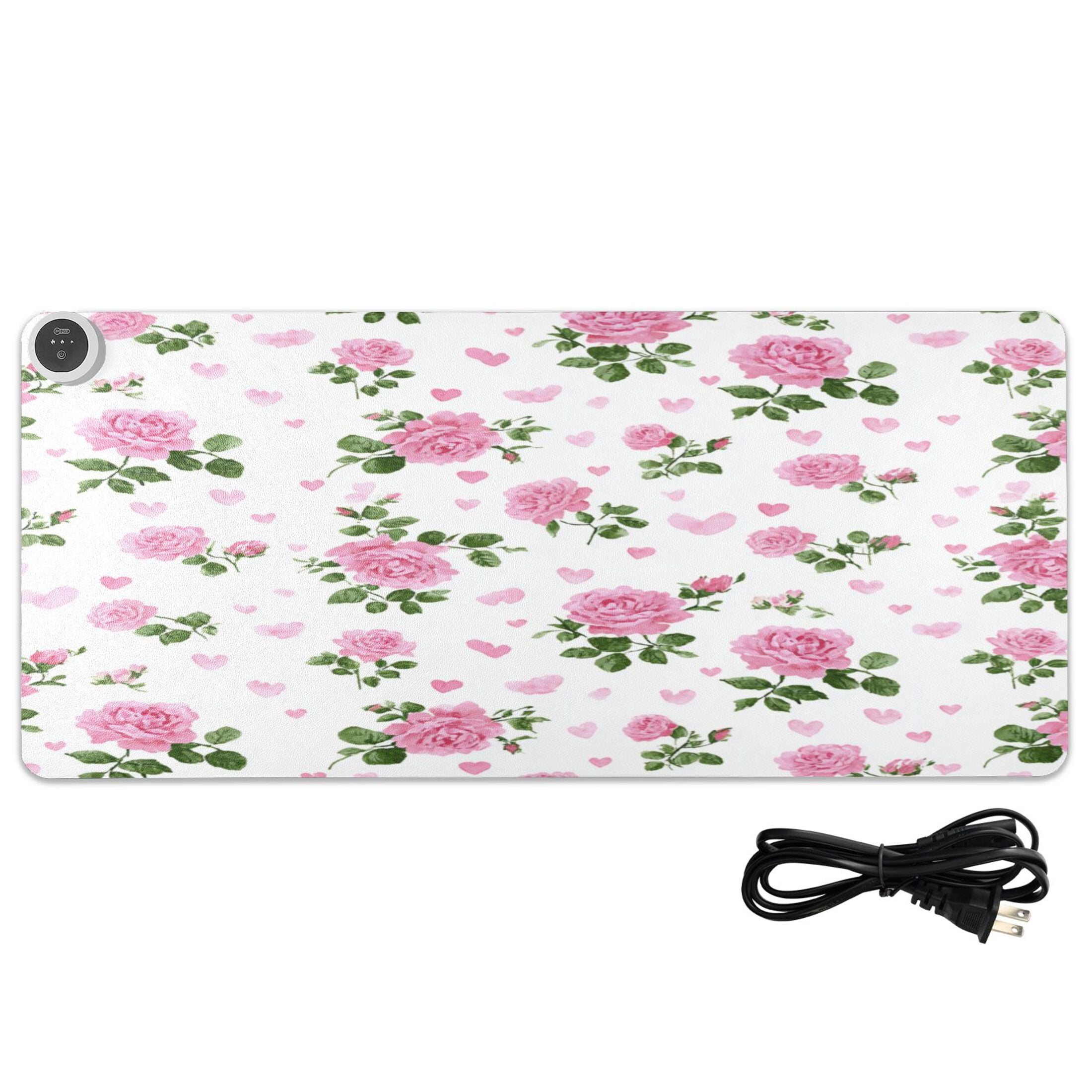 Large Heated Desk Mat Mouse Pad 31.5"x13"PU Leather Graphene Heating Desk Warmer with 3 Temperature Settings 110V US Plug Non-Slip Warm Pad for Home, Office, and Gaming Lovely Rose Heart Pattern