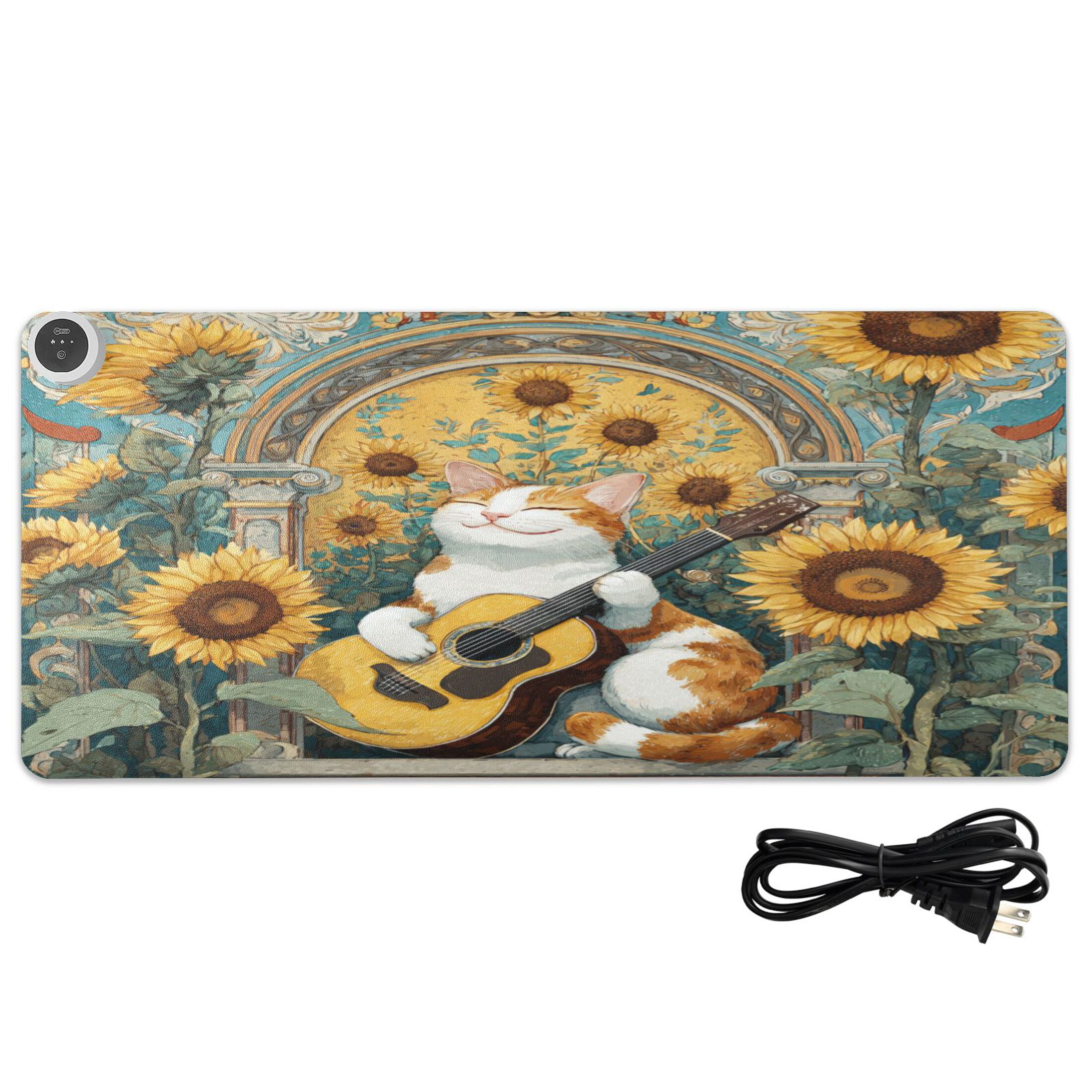 Large Heated Desk Mat Mouse Pad 31.5"x13"PU Leather Graphene Heating Desk Warmer with 3 Temperature Settings 110V US Plug Non-Slip Warm Pad for Home, Office, and Gaming Orange Cat Playing Guitar