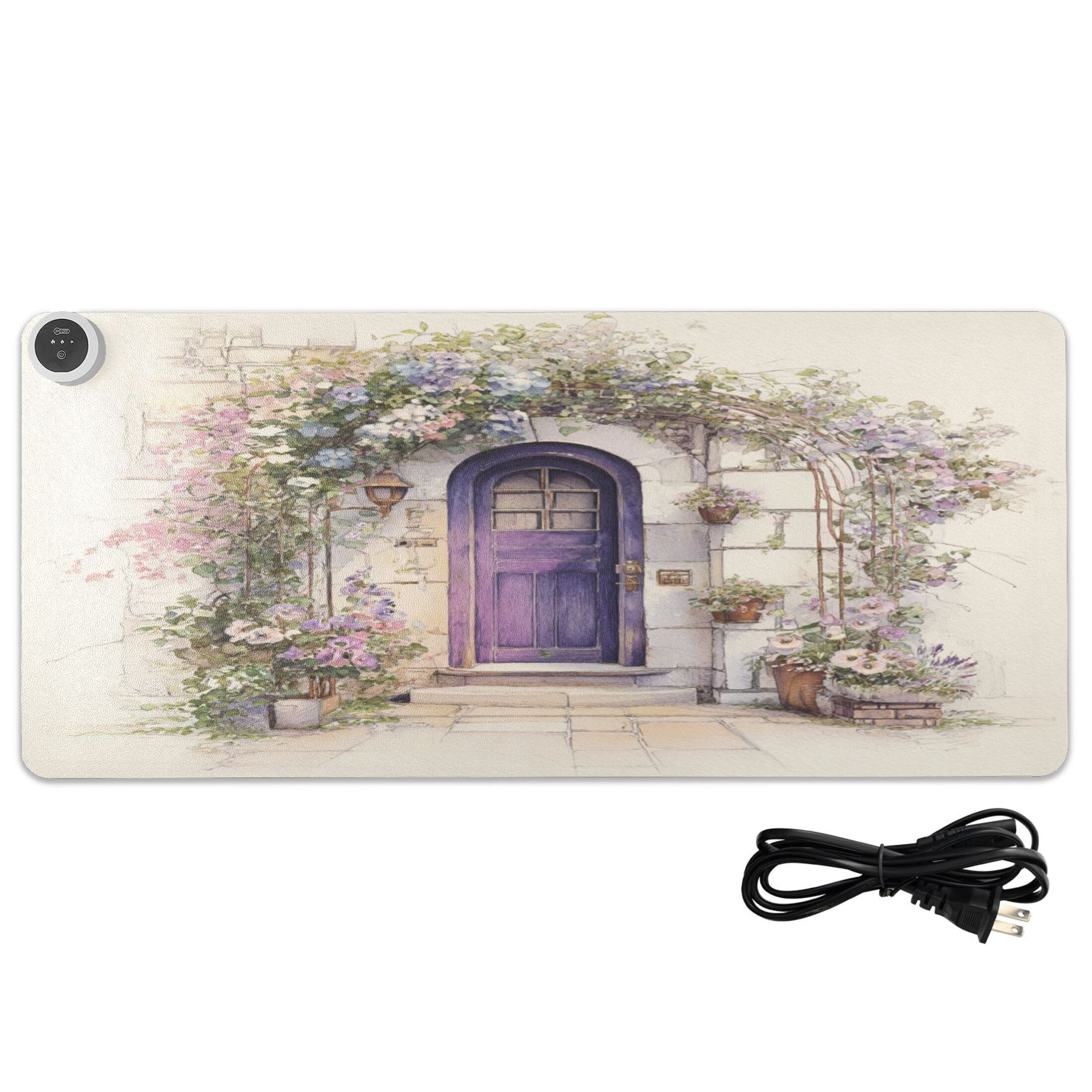 Large Heated Desk Mat Mouse Pad 31.5"x13"PU Leather Graphene Heating Desk Warmer with 3 Temperature Settings 110V US Plug Non-Slip Warm Pad for Home, Office, and Gaming Purple Door in Blooms