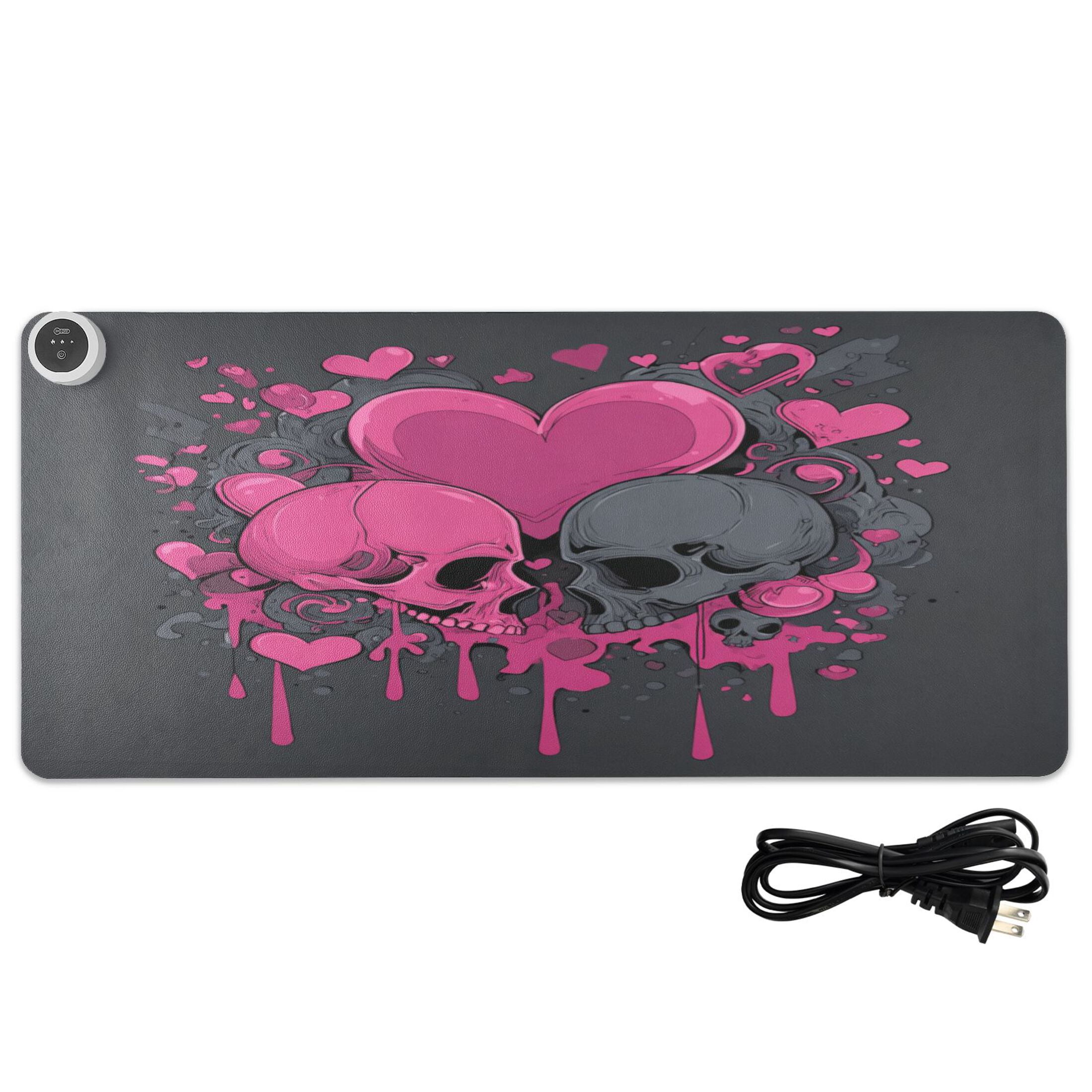 Large Heated Desk Mat Mouse Pad 31.5"x13"PU Leather Graphene Heating Desk Warmer with 3 Temperature Settings 110V US Plug Non-Slip Warm Pad for Home, Office, and Gaming Pink Hearts and Black Skulls