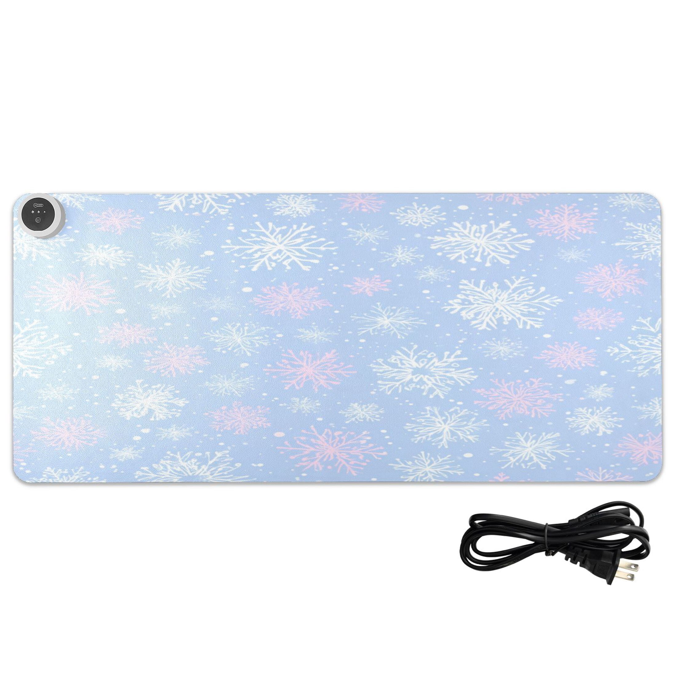 Large Heated Desk Mat Mouse Pad 31.5"x13"PU Leather Graphene Heating Desk Warmer with 3 Temperature Settings 110V US Plug Non-Slip Warm Pad for Home, Office, and Gaming Pale Blue Snowflakes Pattern