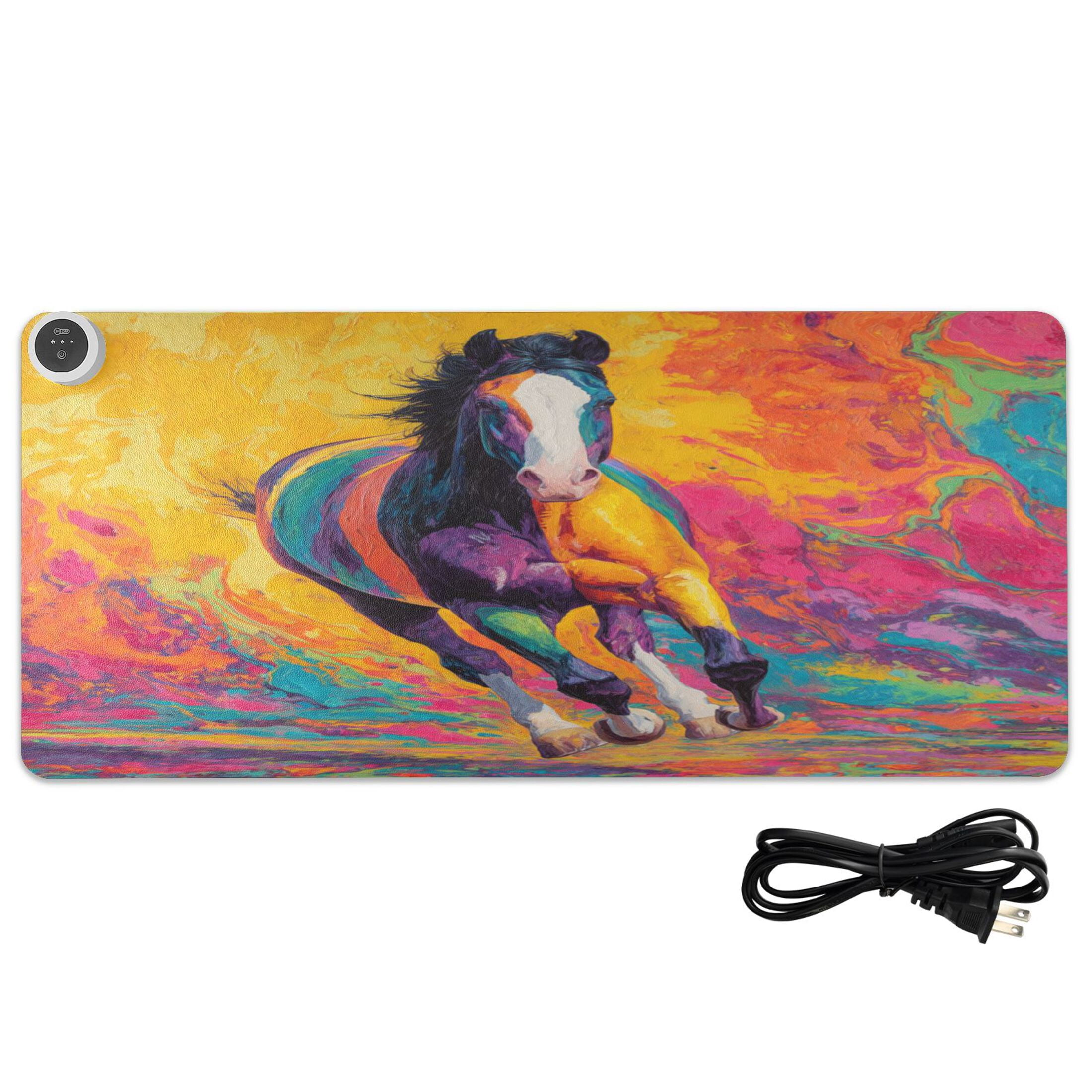 Large Heated Desk Mat Mouse Pad 31.5"x13"PU Leather Graphene Heating Desk Warmer with 3 Temperature Settings 110V US Plug Non-Slip Warm Pad for Home, Office, and Gaming Colorful Running Horse Print