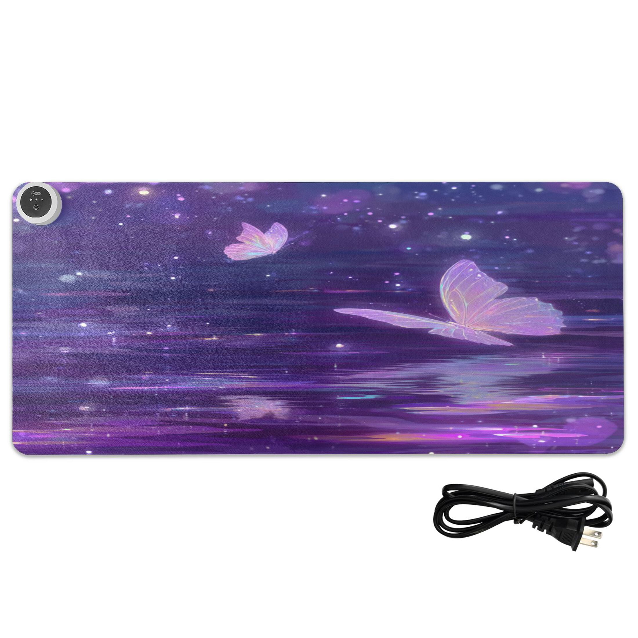 Large Heated Desk Mat Mouse Pad 31.5"x13"PU Leather Graphene Heating Desk Warmer with 3 Temperature Settings 110V US Plug Non-Slip Warm Pad for Home, Office, and Gaming Crystal Pink Butterfly Pattern