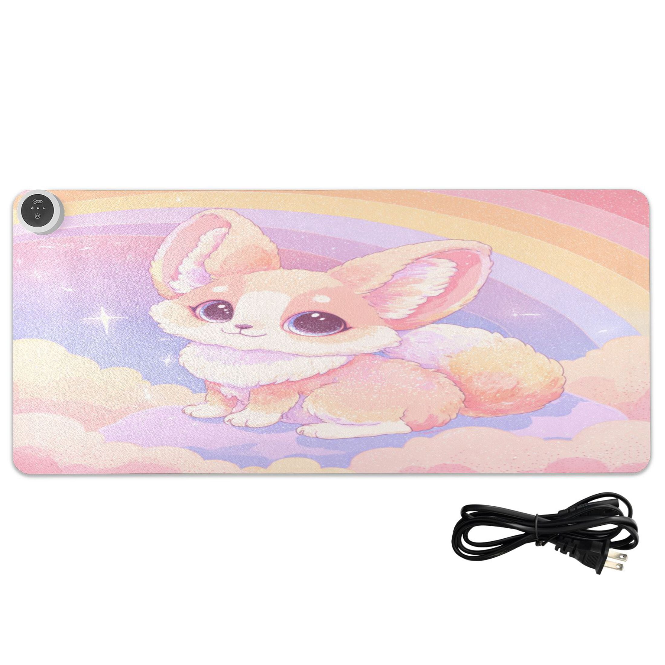 Large Heated Desk Mat Mouse Pad 31.5"x13"PU Leather Graphene Heating Desk Warmer with 3 Temperature Settings 110V US Plug Non-Slip Warm Pad for Home, Office, and Gaming Dreamy Cloud Fox Illustration