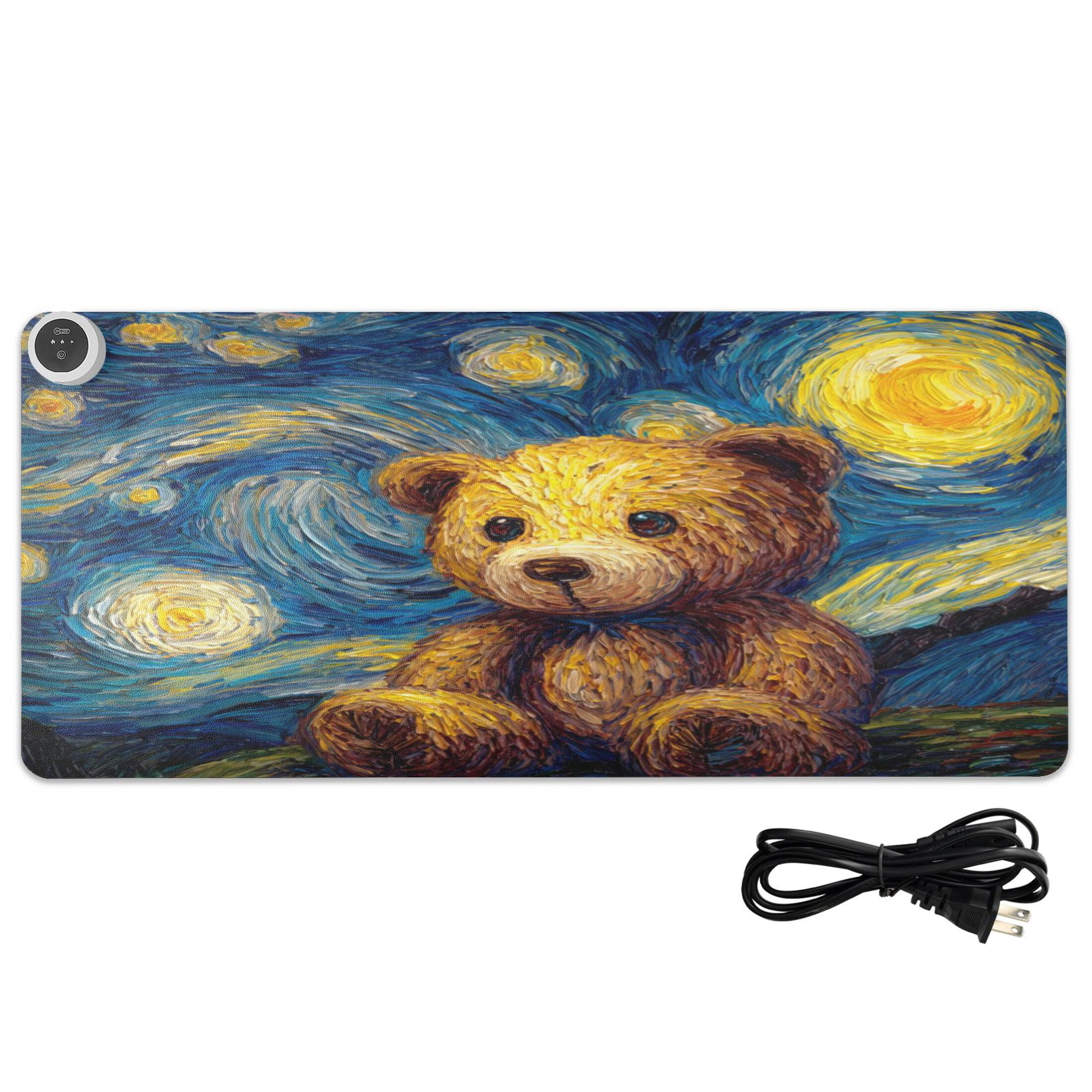 Large Heated Desk Mat Mouse Pad 31.5"x13"PU Leather Graphene Heating Desk Warmer with 3 Temperature Settings 110V US Plug Non-Slip Warm Pad for Home, Office, and Gaming Cute Bear under The Stars